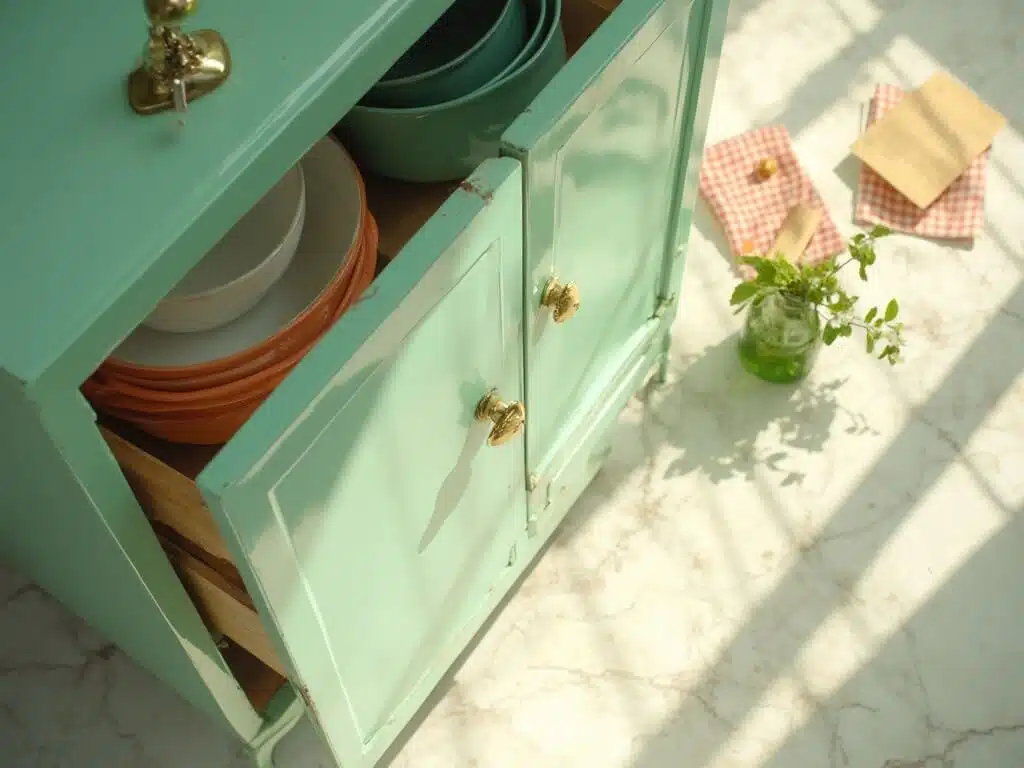 "Vintage 1950s mint-green metal kitchen cabinet with brass hardware on a marble surface, surrounded by period-correct elements and morning sunlight"