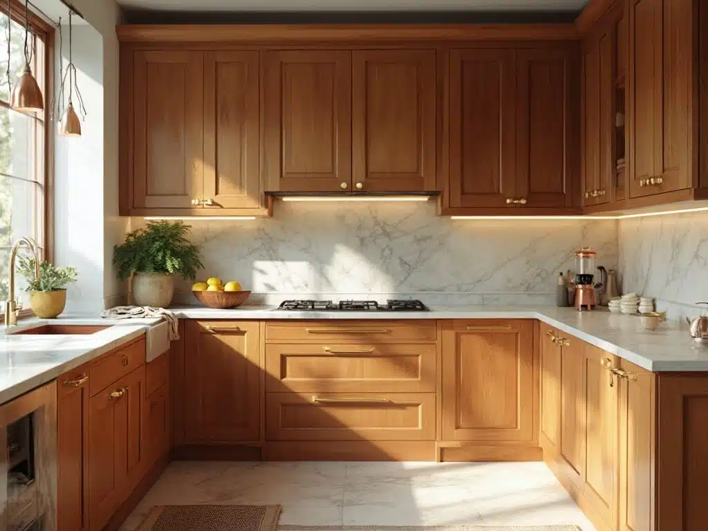 "Luxurious L-shaped kitchen with warm alder wood cabinets, brass hardware, marble countertops, and natural sunlight"