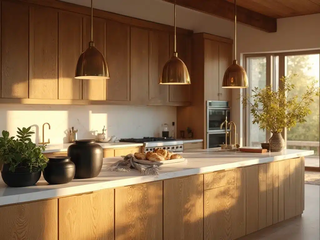 "Luxurious kitchen with warm oak cabinets, marble island with brass fixtures, and natural light during golden hour"