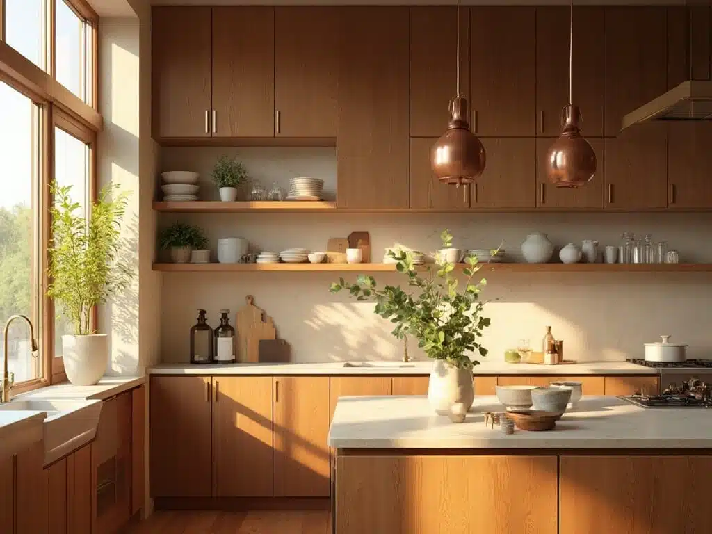 "Luxurious kitchen with warm walnut cabinets, cream quartz countertops, and modern appliances bathed in golden morning sunlight."