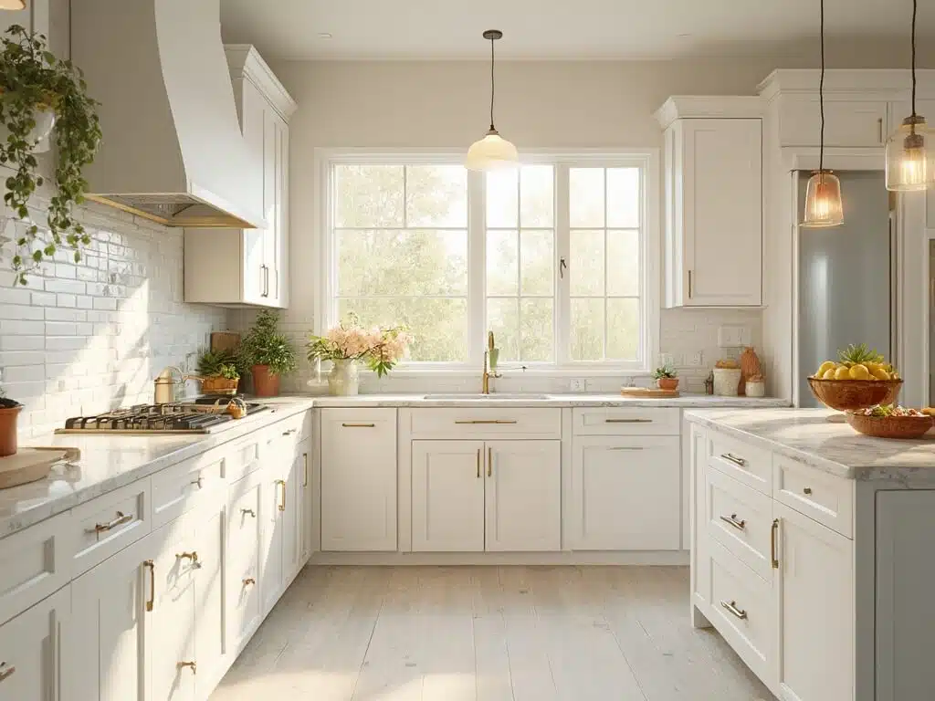 "Modern white kitchen with marble countertops, brass hardware, and central island, bathed in natural golden hour light"