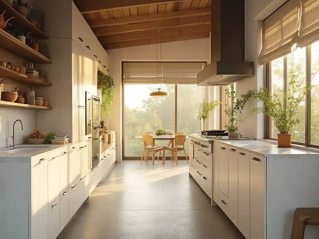 "White oak kitchen with marble island, brass hardware and ceramic utensils in sunlit background"
