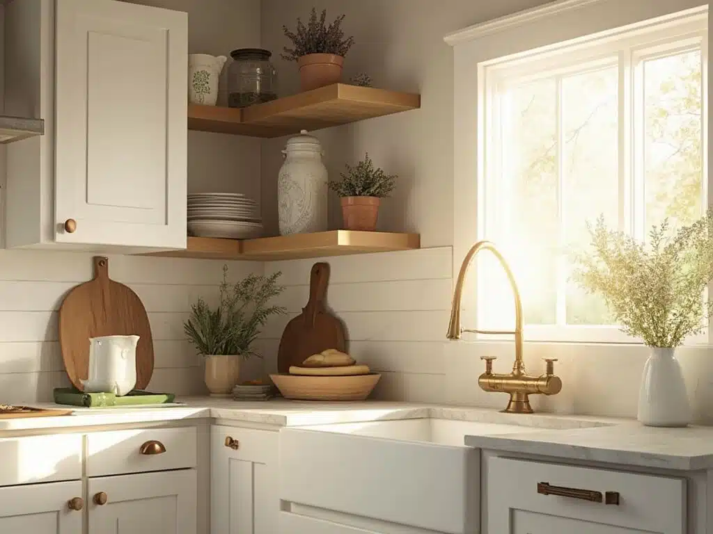 "White farmhouse kitchen with brass hardware, marble countertops, oak shelves, ceramic sink, and accessories during golden hour"