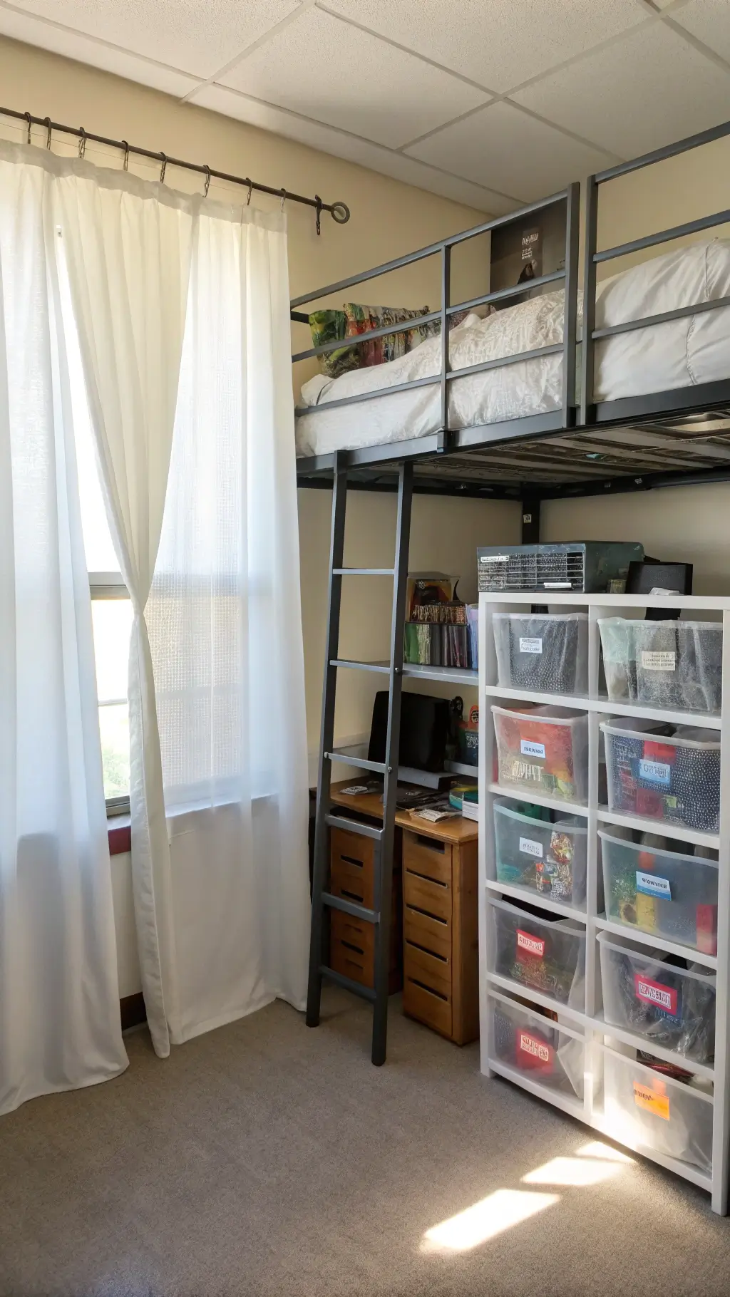 Sunlit dorm room with elevated bed, clear storage bins, hanging organizer used as entertainment center, and desk with monitor under bed.