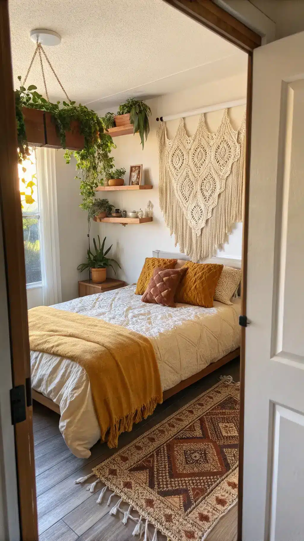 Sunlit dorm room at golden hour featuring a lofted twin bed with cream duvet and velvet pillows, macramé wall hanging, pothos plants on floating shelves, and a Persian-inspired rug.