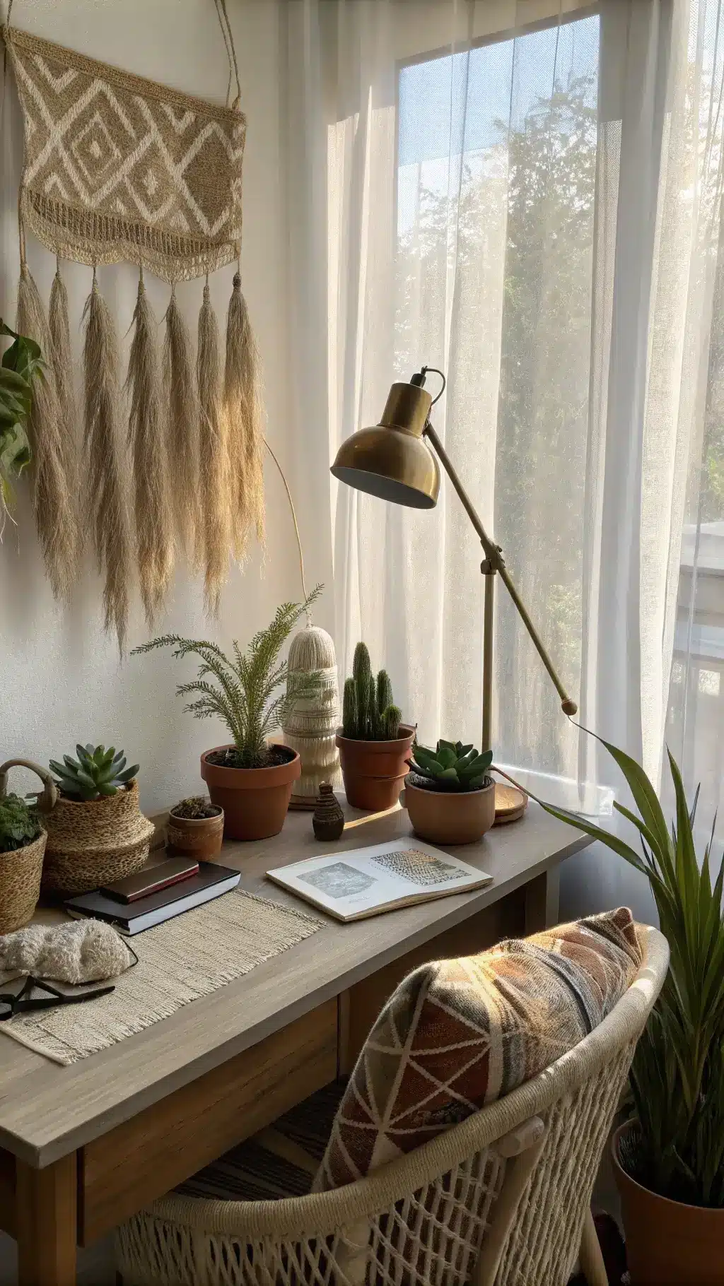 Morning light filtering through sheer curtains onto a desk with a brass lamp, succulents in terra cotta pots, a woven wall basket with dried pampas grass, and a ghost chair with a vintage kilim pillow.