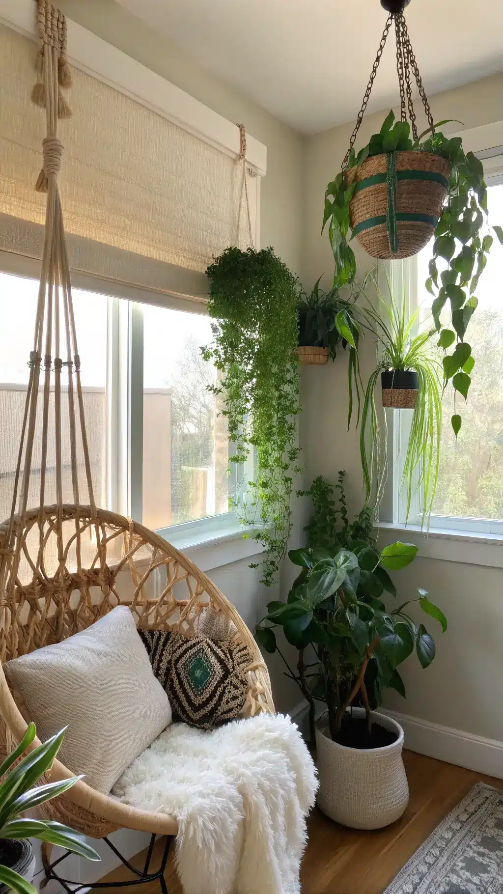 Window nook filled with hanging ivy and spider plants, a rattan peacock chair with sheepskin throw, and bamboo roman shade filtering light