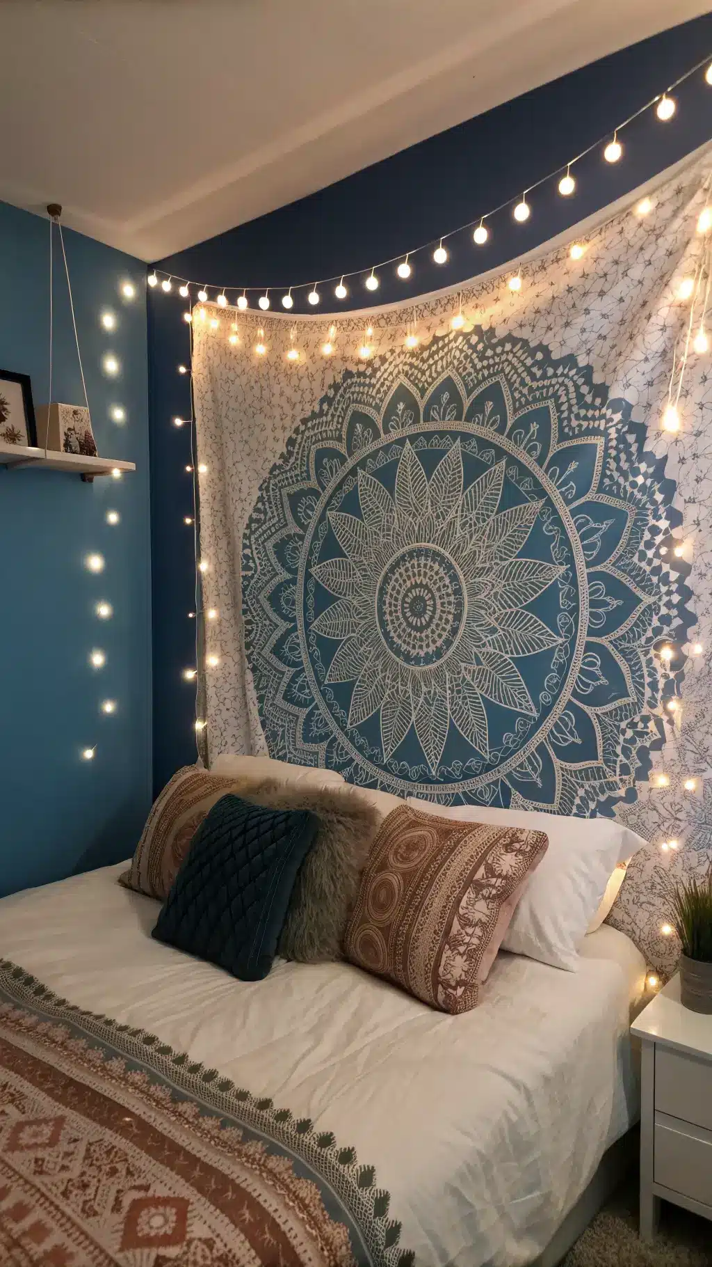 Twilight scene of a bedroom with bokeh effect from twinkle lights, mandala tapestry headboard, varying textured throws in earth tones, crystal collection on a floating shelf against a deep blue wall