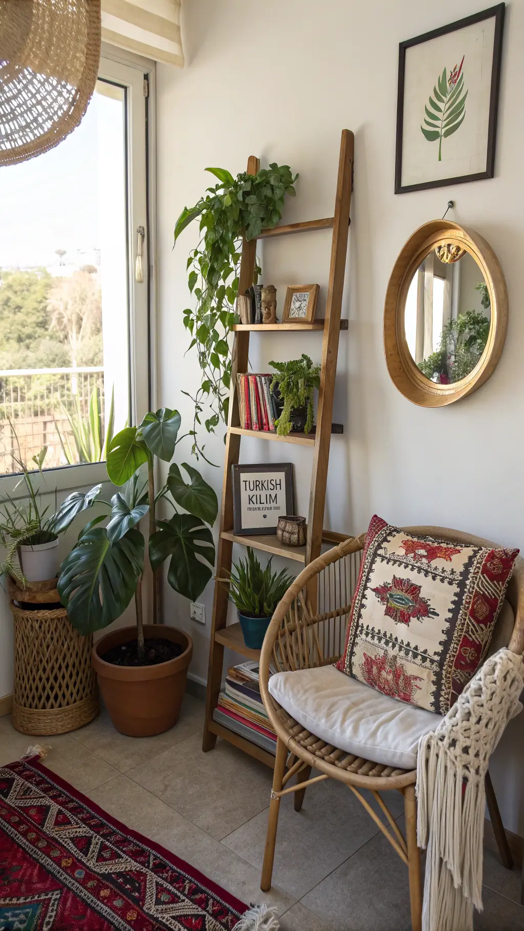 Morning sun illuminating a cozy study corner with a vintage ladder shelf adorned with plants and books, a rattan chair topped with a Turkish kilim pillow, a handwoven wall hanging framing an inspirational typography print, and a brass mirror reflecting natural light