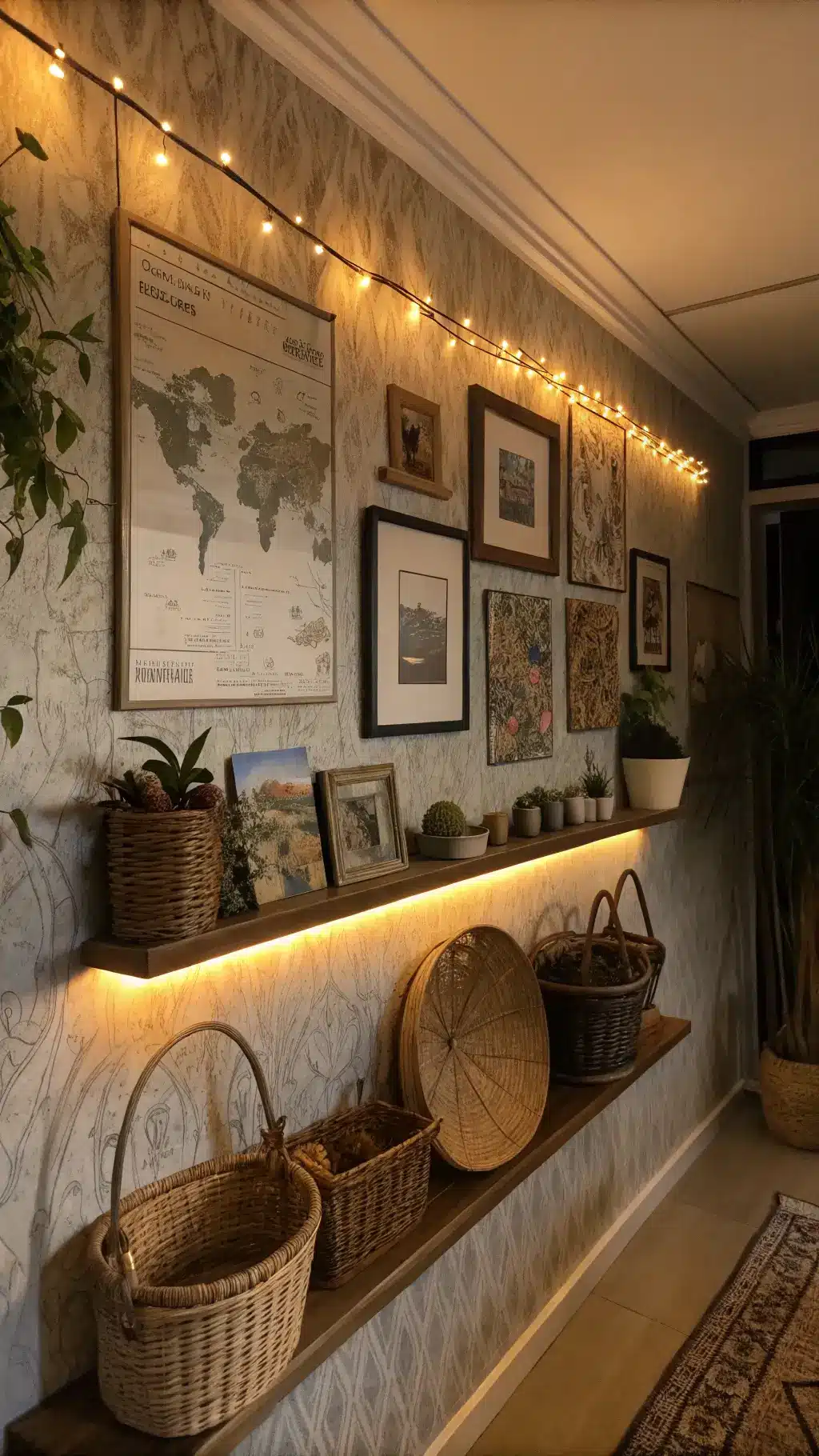 Dramatic dusk lighting on a gallery wall featuring woven baskets, vintage maps, pressed botanicals, and global artifacts on a floating shelf, highlighted by LED strip lighting on textured wallpaper