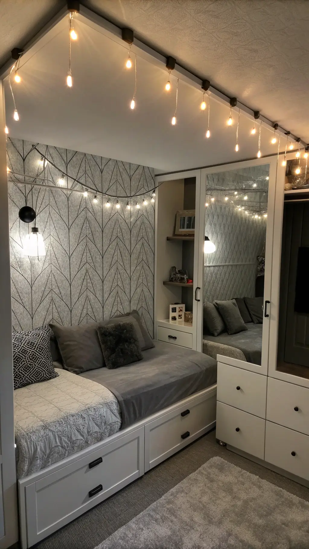 Twilight shot of a 10x12ft dorm room showcasing layered ambient lighting through Edison bulb string lights, modern sconces, and hidden LED strips, with mirror enhancing light reflection.