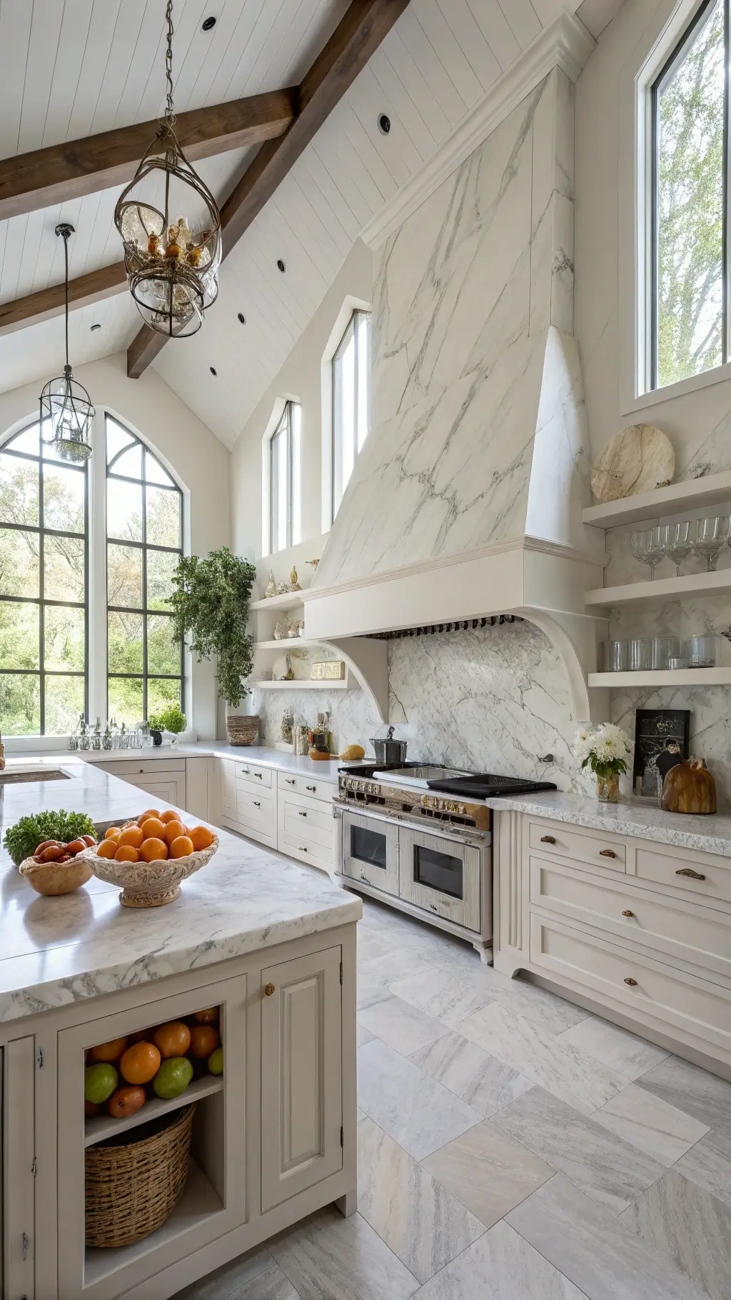 Spacious 15x20ft kitchen with high cathedral ceiling, Calacatta marble backsplash featuring grey veining, white oak shelves with matte black ceramics, bathed in morning light filtering through sheer linen curtains, adorned with fresh citrus, copper cookware and trailing ivy.
