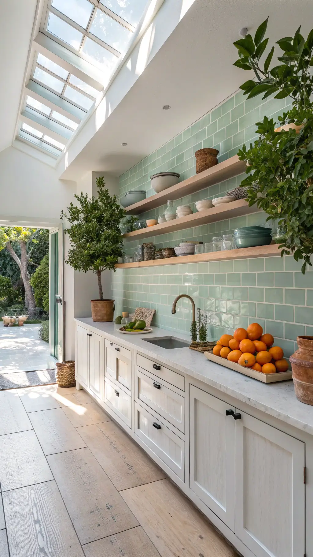Bright, light-filled galley kitchen with aqua zellige tile backsplash, white oak open shelving showing ceramics, Mediterranean pottery and vintage copper. Natural morning sunlight streaming through skylights emphasizes organic variations in tile glaze.