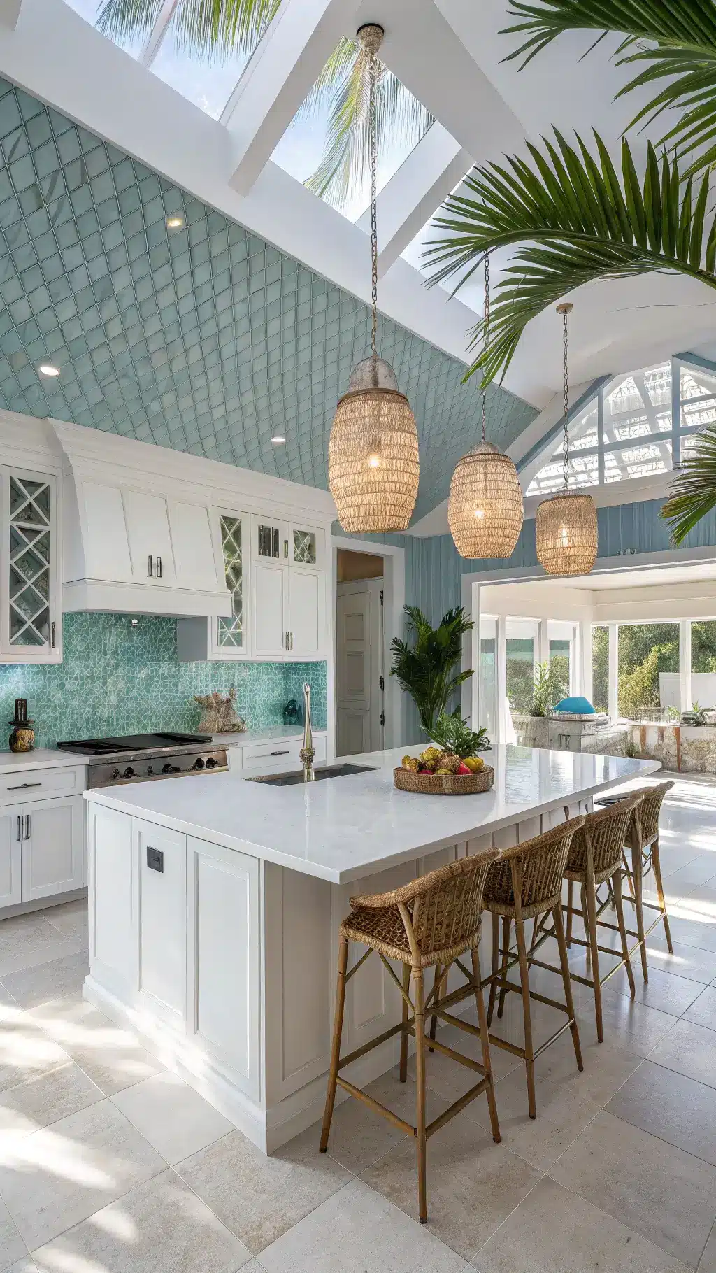 Bright 14x16ft coastal dream kitchen with vaulted ceiling, iridescent blue glass tiles, white quartz waterfall island, rope pendant lights, skylights, rattan bar stools, and coral decor.