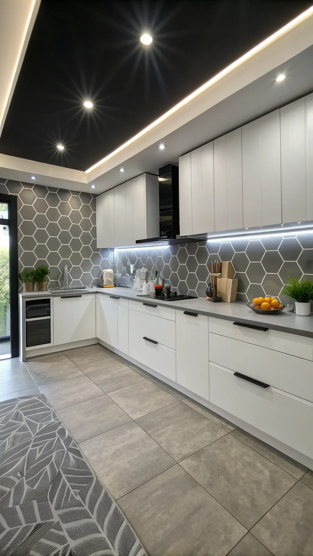 Modern 16x20ft kitchen with black ceiling, hexagonal gray tile backsplash, floating white lacquer cabinets, integrated LED lighting, and minimalist decor, viewed from above.