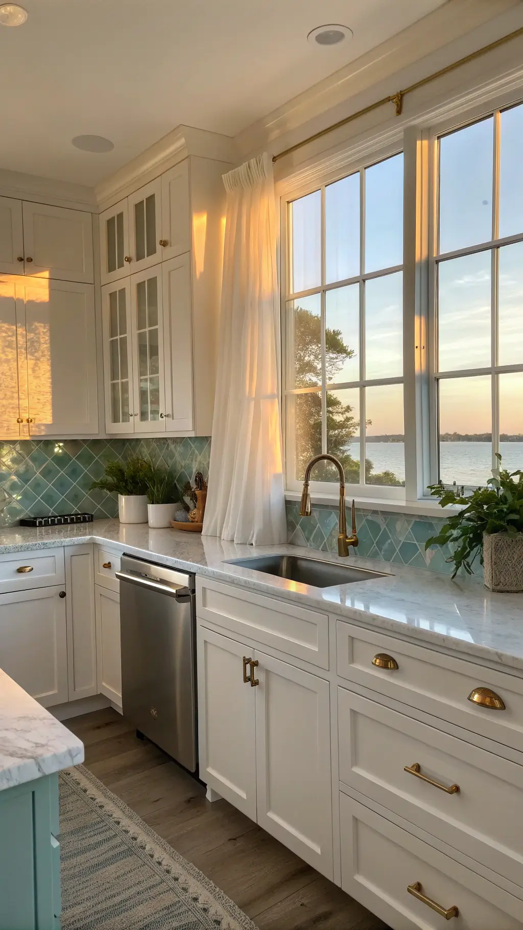Sunny coastal-inspired kitchen with aqua glass tile backsplash, white shaker cabinets, marble countertops and a variety of potted herbs on the windowsill