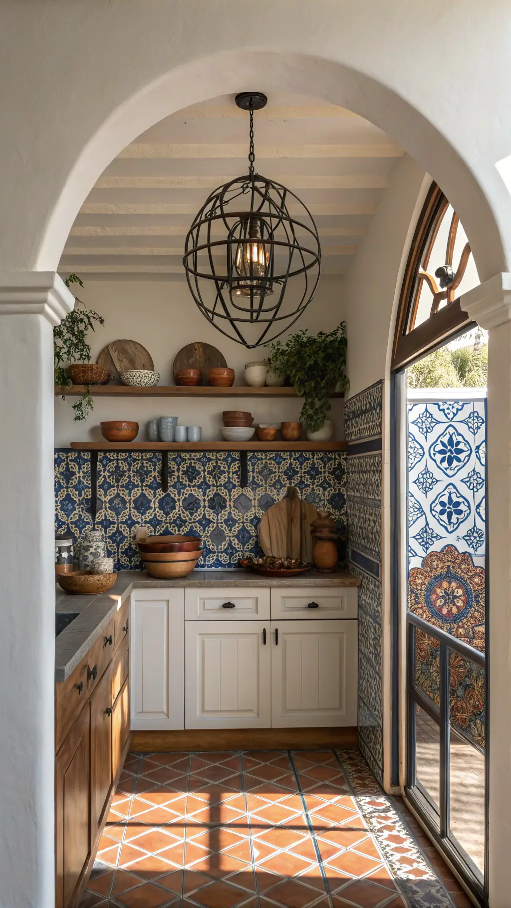 Eclectic bohemian kitchen nook with copper accents, hand-painted Moroccan tile backsplash, and collected pottery on floating wooden shelves, bathed in warm natural morning light and geometric shadows from a wrought iron pendant lamp.