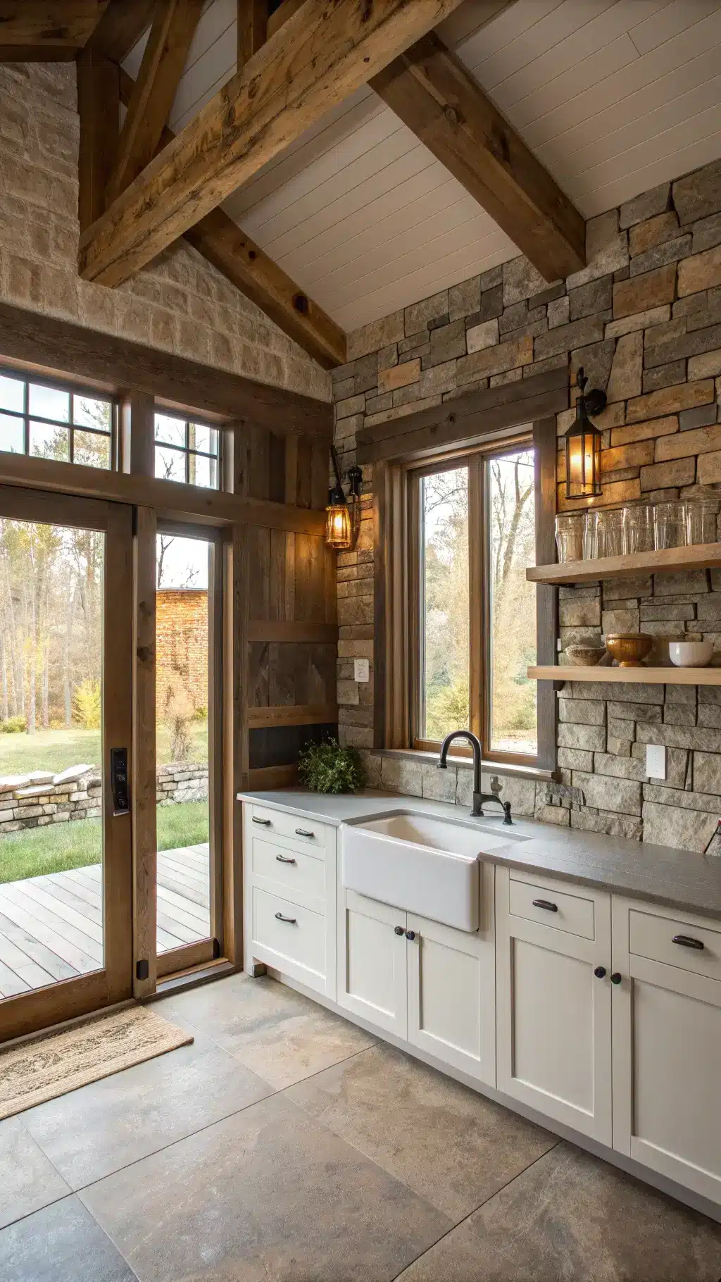 Rustic yet refined modern farmhouse kitchen with exposed wooden beams, stone backsplash, vintage sink, and white oak open shelving displaying ironstone collection, bathed in soft afternoon light filtering through barn-style window.