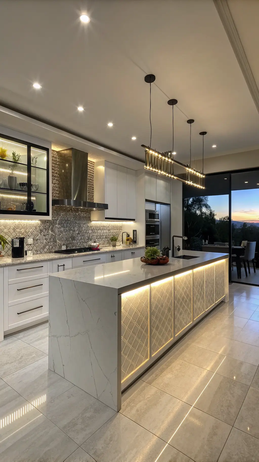 Aerial view of a contemporary 15x18 feet kitchen featuring a waterfall island, champagne-platinum metallic mosaic tile backsplash, high-gloss white cabinetry with black matte hardware, floating glass shelves with integrated lighting, underlit from LED strips for a dramatic evening ambiance.