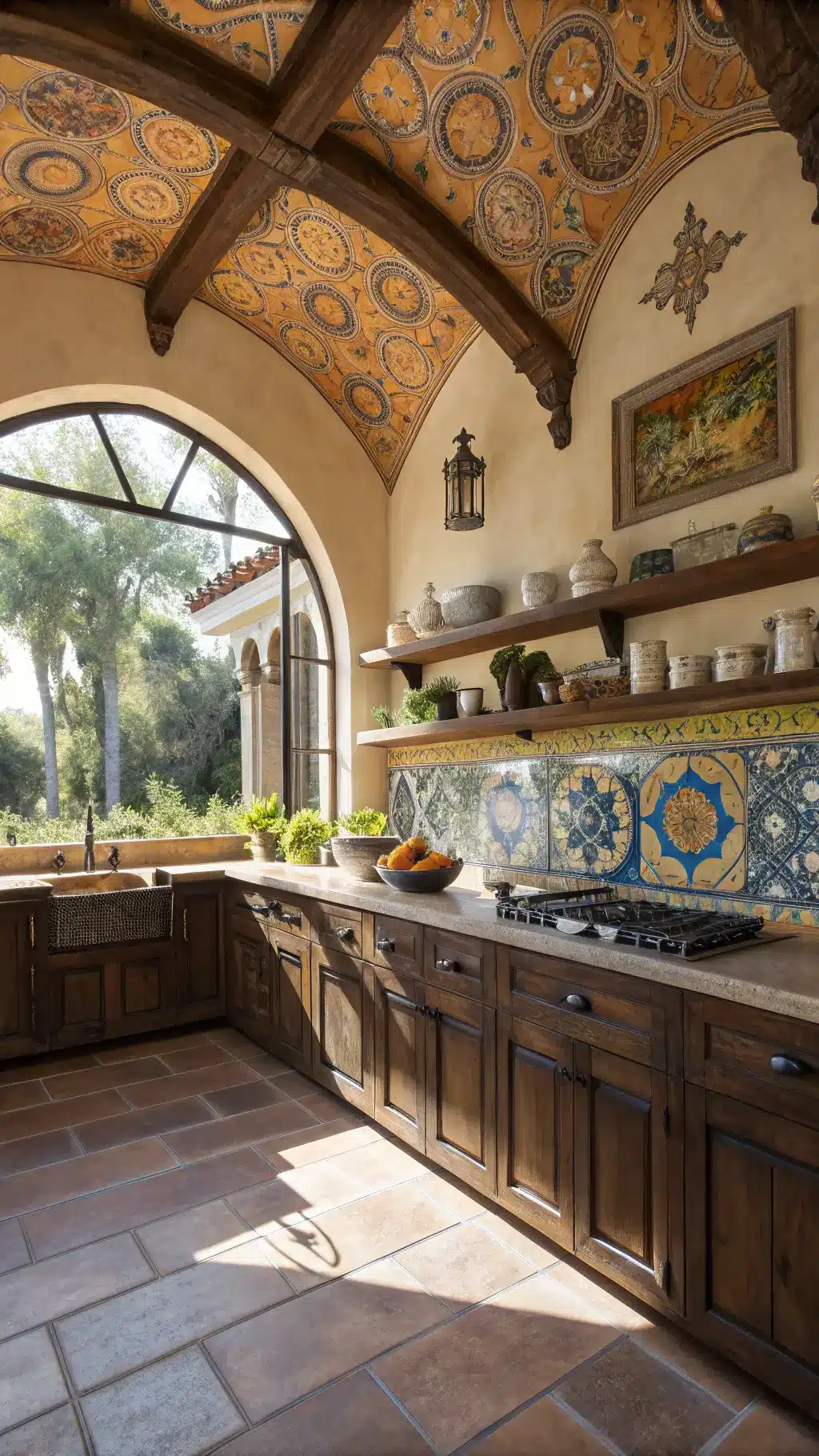 Warm Mediterranean kitchen with arched ceiling, hand-painted terracotta tile backsplash, dark wood cabinets with iron hardware, and ceramic pottery displayed on rustic shelves, bathed in late morning sunlight from pergola-covered windows.