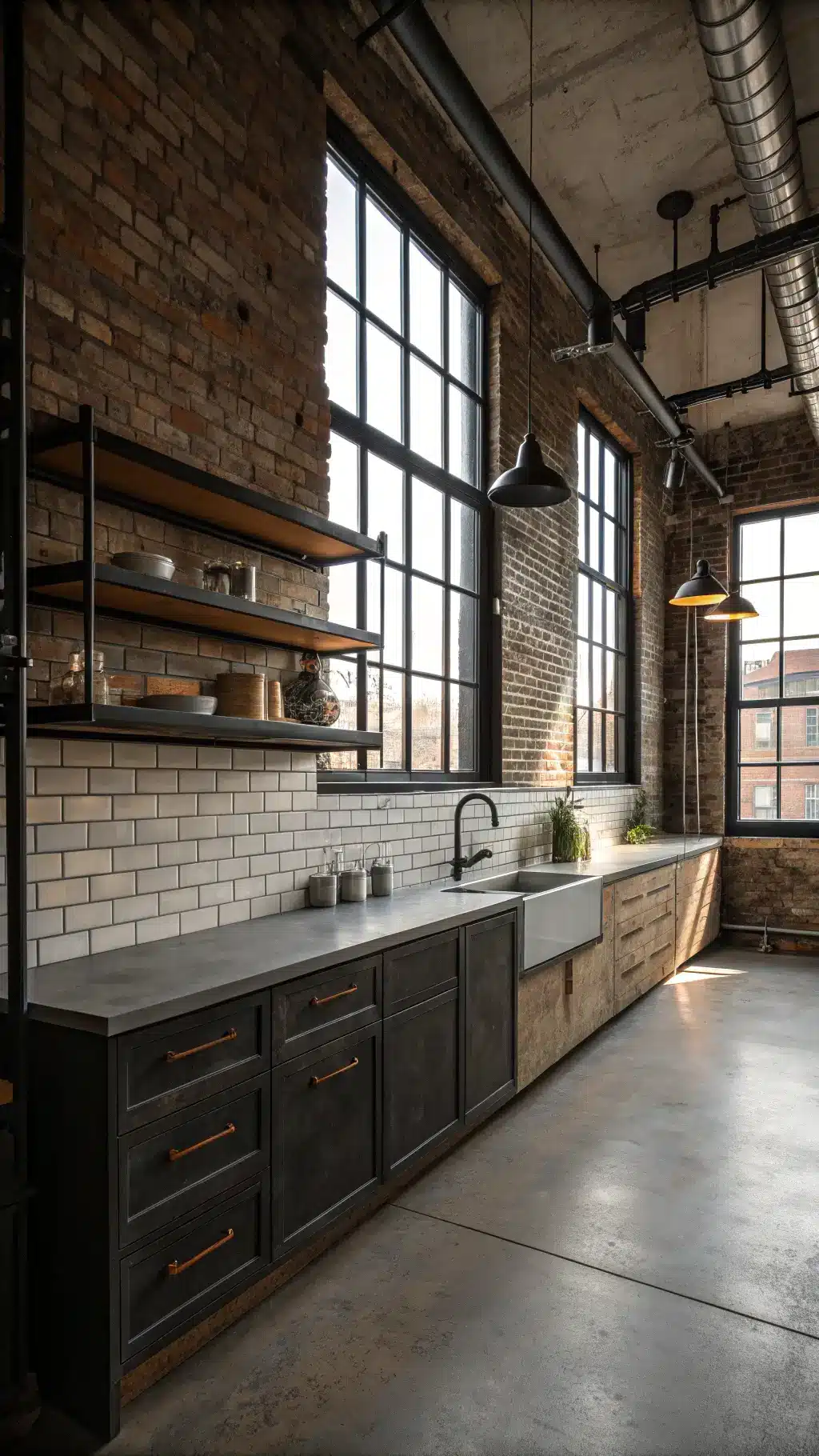 Urban stylish kitchen with exposed brick walls, metallic subway tile backsplash, black steel open shelving, and concrete countertops in moody afternoon light