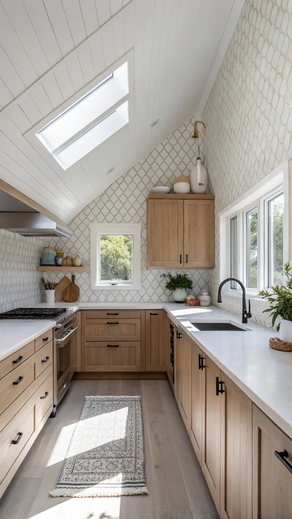 Scandinavian designed kitchen with white pitched ceiling, blond wood cabinets, and white quartz countertops with bright morning light over soft gray geometric backsplash