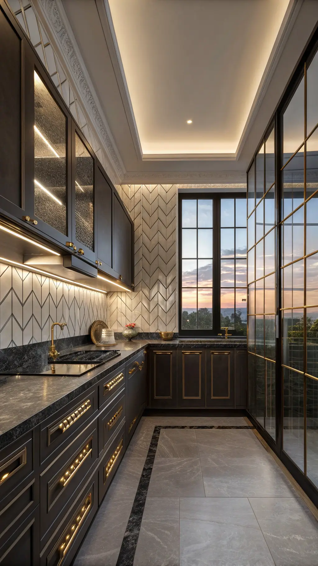 Art Deco kitchen with dark cabinets, brass hardware, mirror-finish backsplash, black marble countertops, and stepped ceiling detail lit by dusk light through frosted windows revealing a luxurious and glamorous atmosphere.
