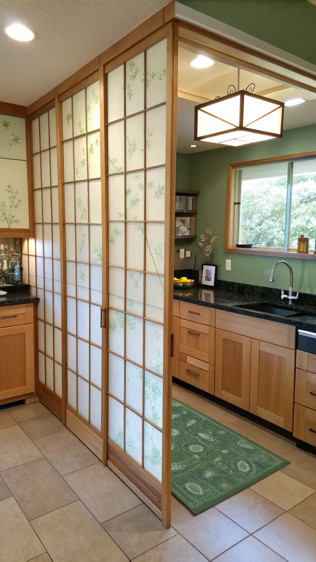 Spacious Asian-fusion kitchen with shoji screen divider, soft daylight filtering through rice paper panels, celadon green ceramic tile backsplash with bamboo accents, natural maple cabinets and black granite countertops with waterfall edges