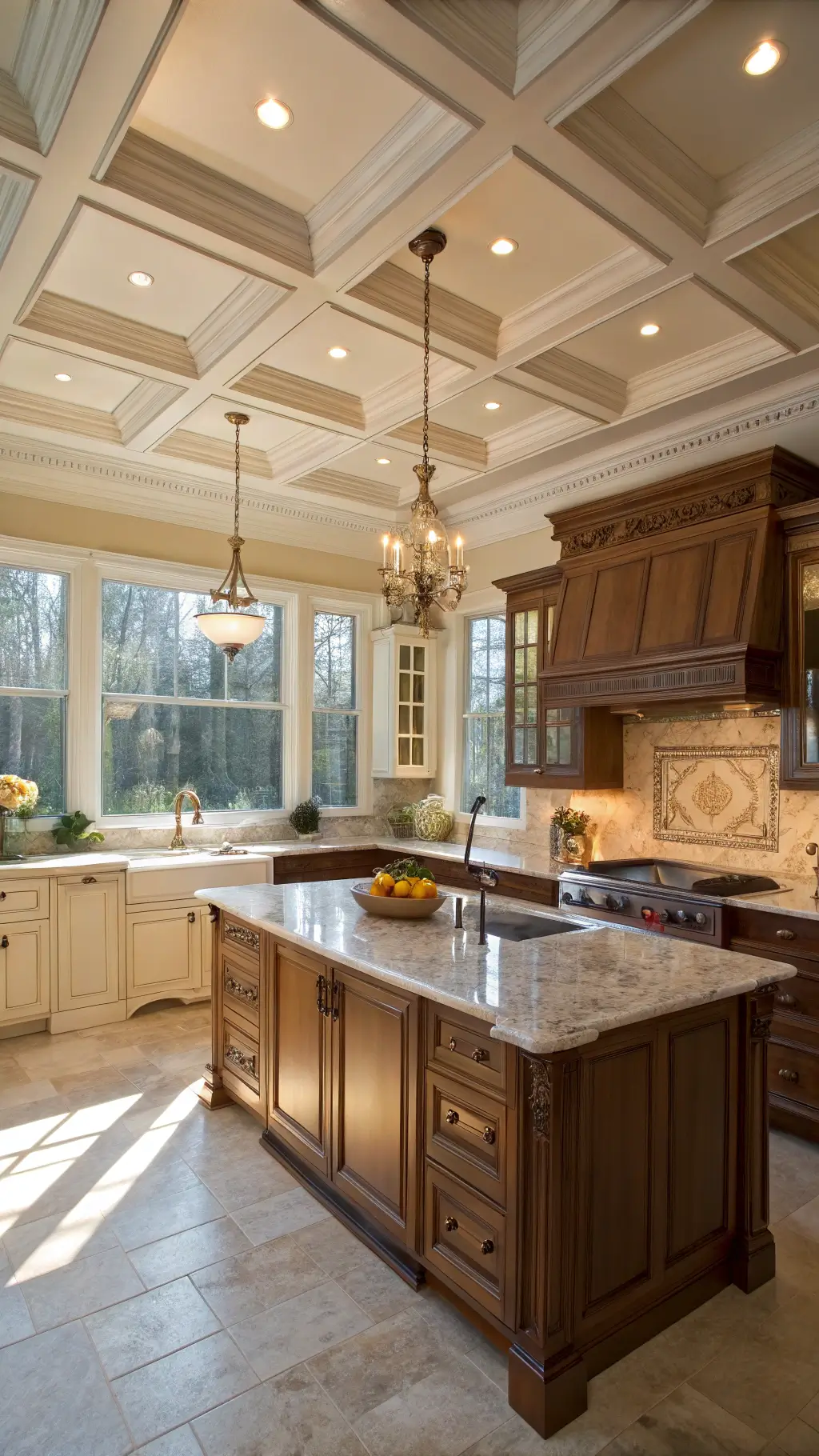 Classic and elegant traditional kitchen with cherry wood cabinets and Carrara marble countertops, bathed in late afternoon golden light through bay windows.