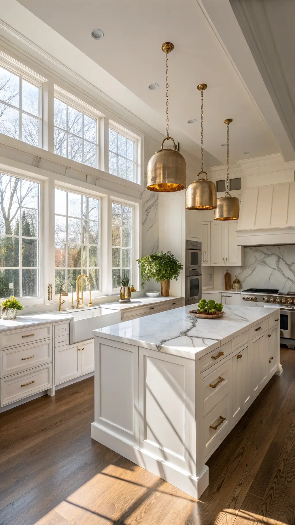 Sunlit modern kitchen with floor-to-ceiling marble backsplash, white shaker cabinets, brass-trimmed island, minimal pendant lights, and styled with artisanal ceramics and fresh herbs.