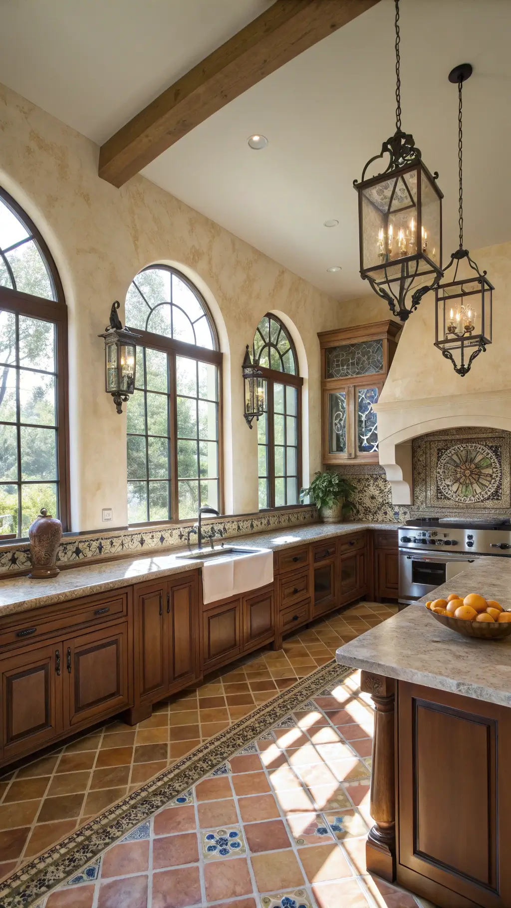 Mediterranean-inspired kitchen with arched windows, Arabescato marble backsplash, terra cotta tiles, wood cabinets, wrought iron pendant lights, and Mediterranean pottery. Styled in warm whites, terra cotta, deep woods, and blue-grey marble veining.