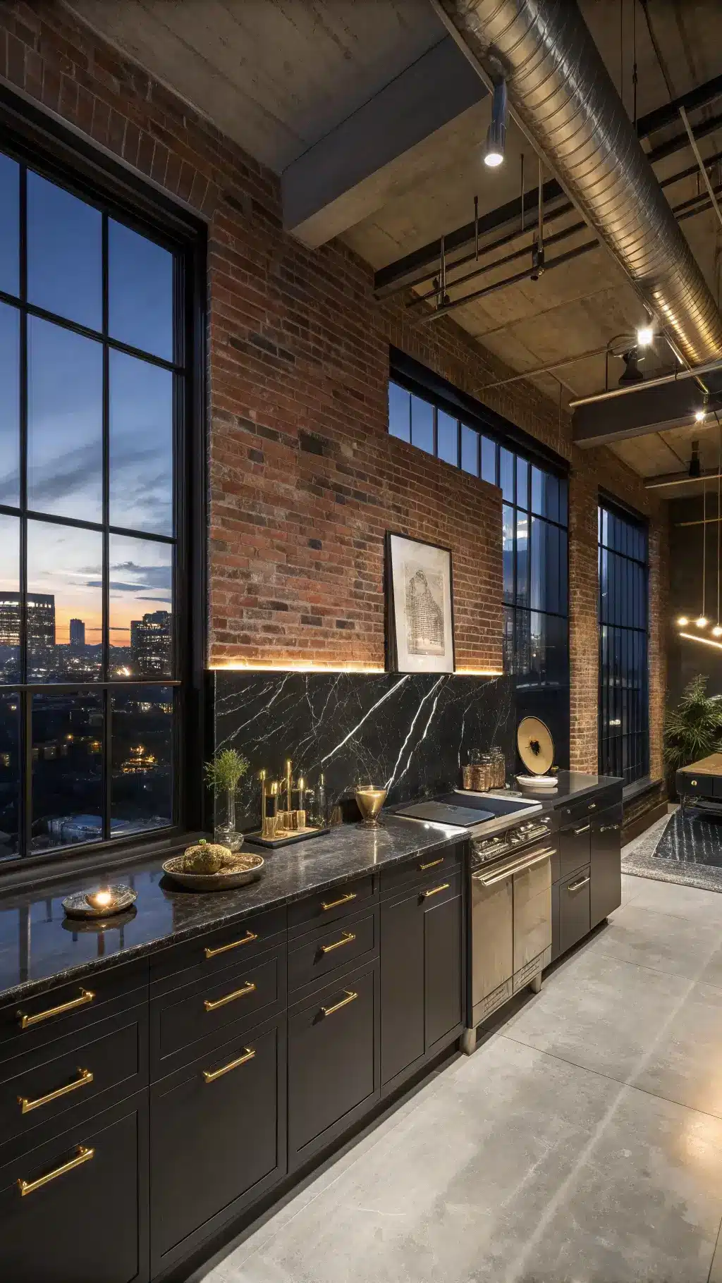 Dusk-lit industrial glam loft kitchen with Negro Marquina black marble backsplash, polished concrete floors, steel-framed windows, and blackened steel cabinets.