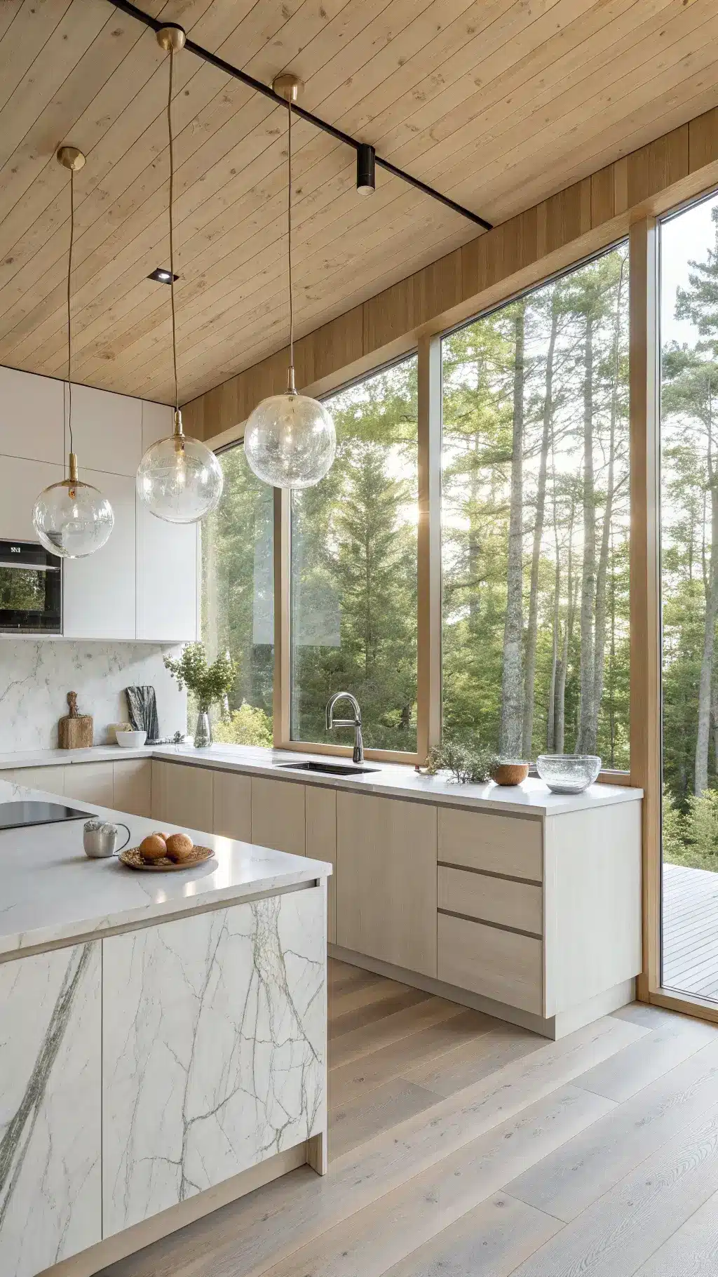 Minimalistic Scandinavian kitchen with pale oak cabinets, white Carrara marble backsplash, floor-to-ceiling windows with forest view, and pendant lights in frosted glass, styled with wooden objects and white ceramics
