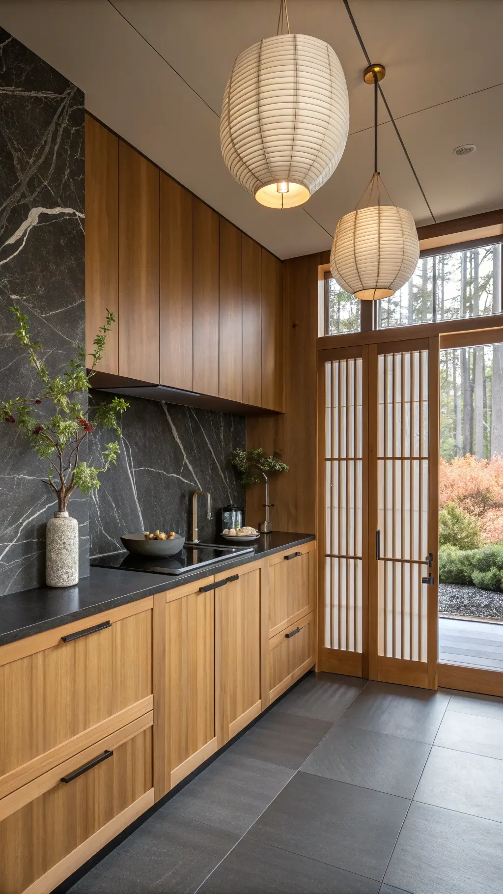 Minimalist Japanese Zen kitchen featuring Pietra Grey marble backsplash, bamboo cabinets, paper lantern pendants, and ikebana arrangements with a nature-inspired palette of charcoal, warm browns, and cream