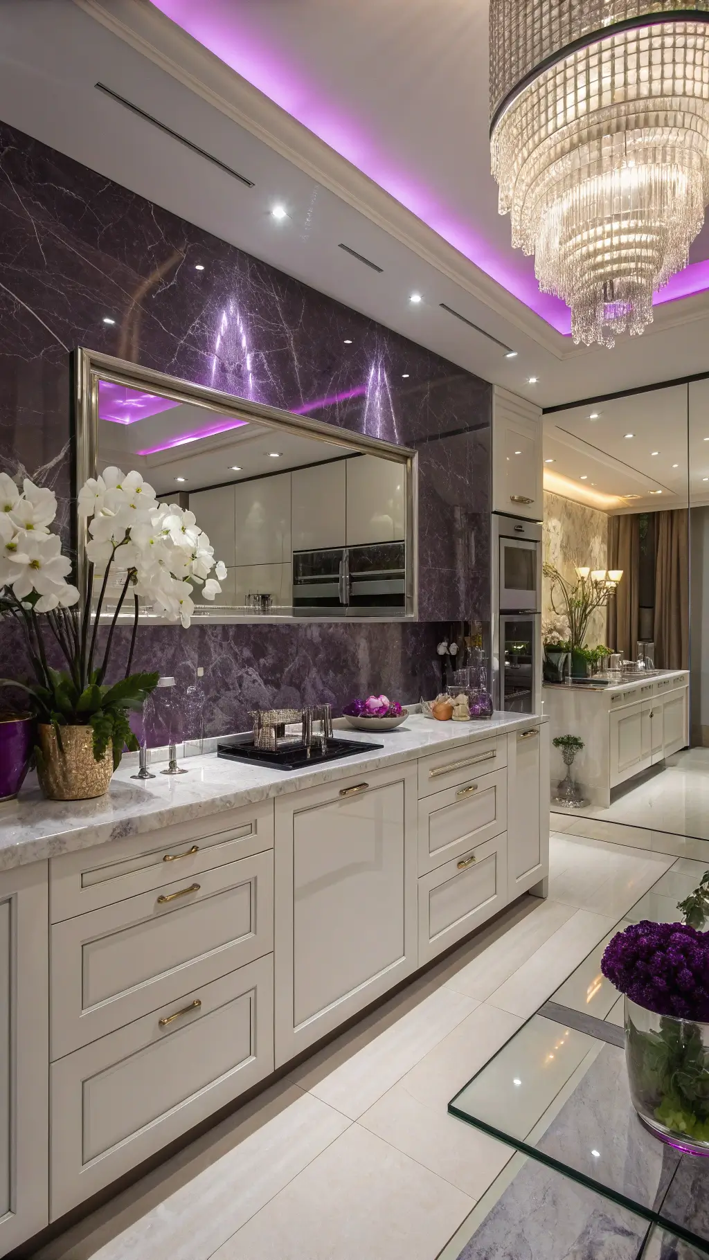 Hollywood Regency style kitchen in the evening, featuring mirror-finish ceiling, white lacquered cabinets, Calacatta Viola marble backsplash with bold purple veining, crystal chandelier, and accents in white, gold, and purple.