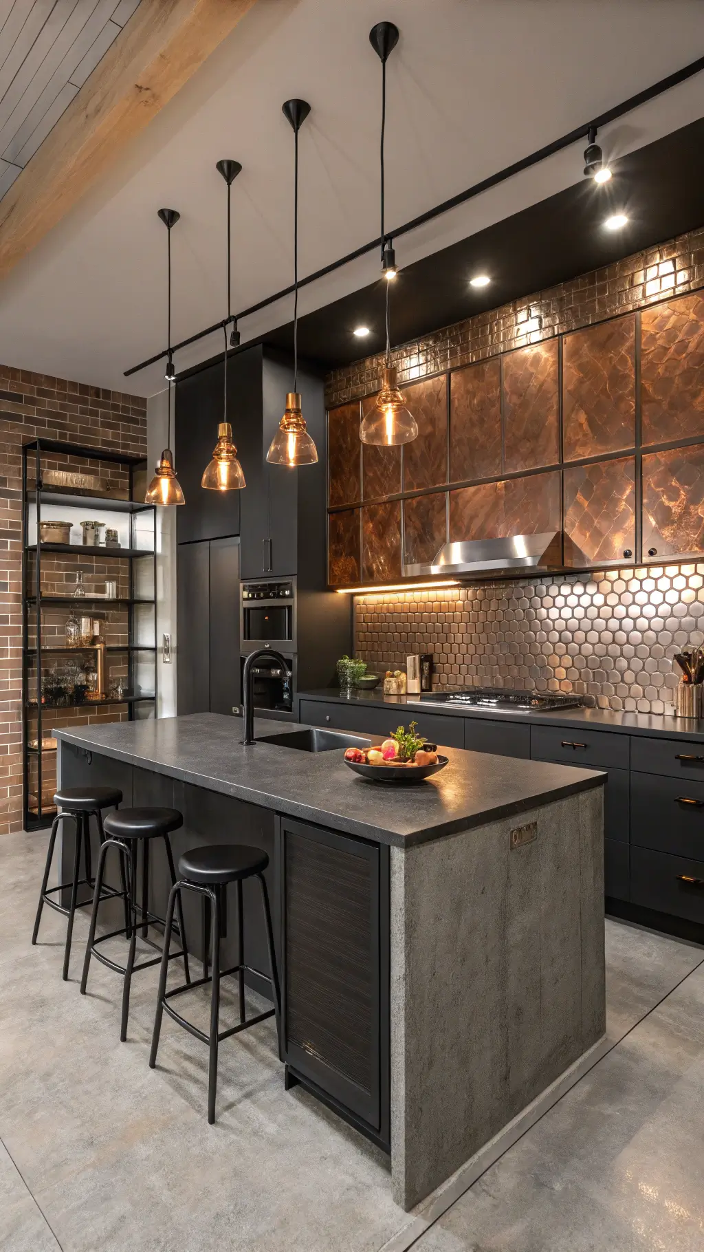 Elevated view of an industrial-chic loft kitchen with metallic penny tile mosaic backsplash, black steel shelving, concrete countertops, and dramatic lighting.