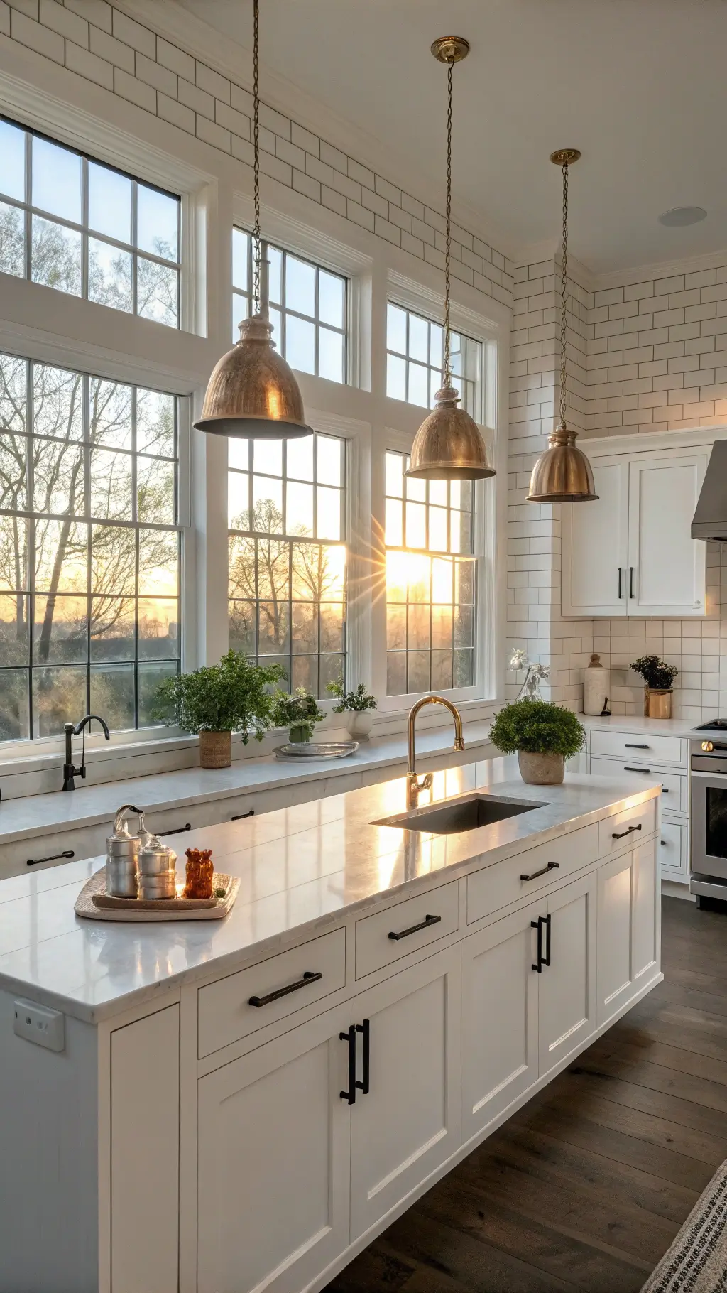 Contemporary kitchen with white ceramic tile backsplash, quartz countertops, matte black hardware, marble island, and copper cookware lit by golden hour sunlight.