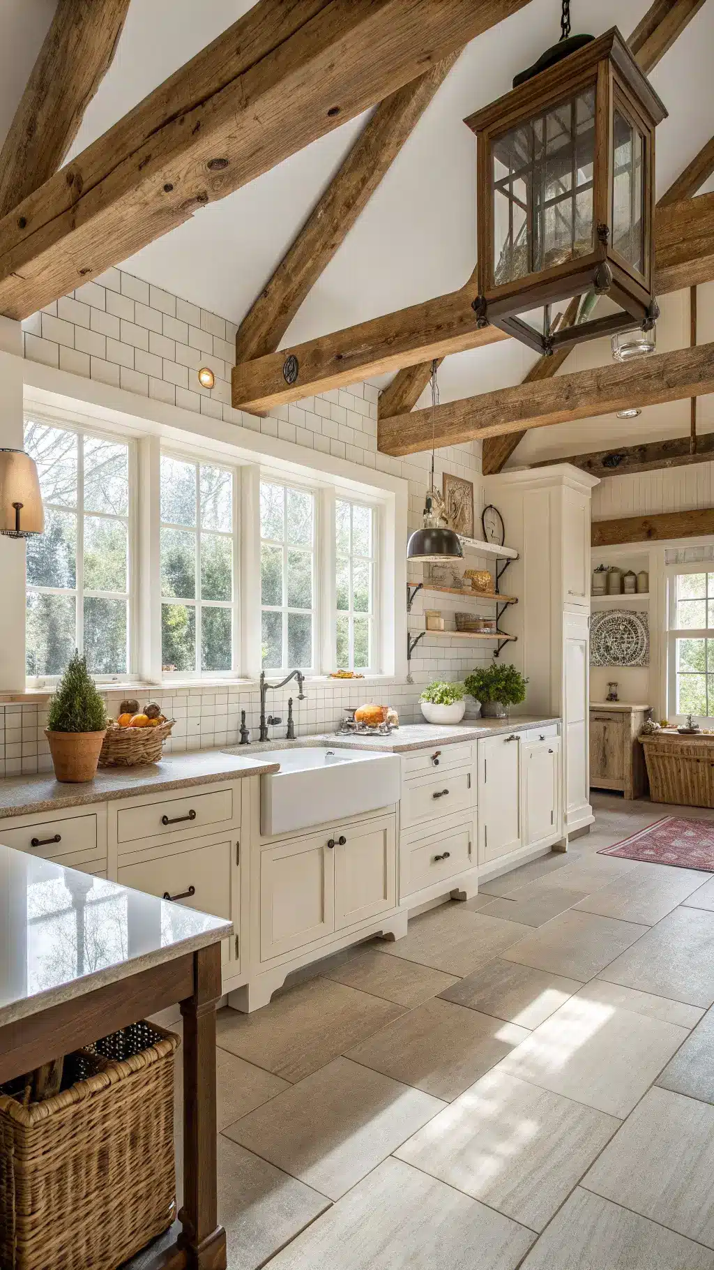 Rustic farmhouse kitchen with white cabinets, vintage apron sink, wooden beams on cathedral ceilings, and handmade tile backsplash lit by warm natural light.