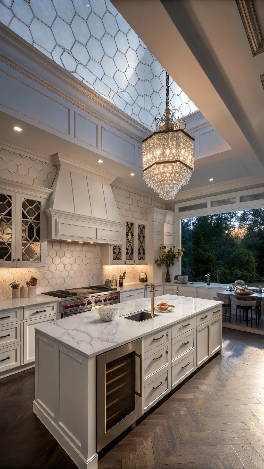 Luxurious chef's kitchen with white marble hexagon tile backsplash, professional-grade stainless appliances, warm white cabinetry, and a crystal chandelier, under dramatic skylight lighting, featuring copper and silver accents.