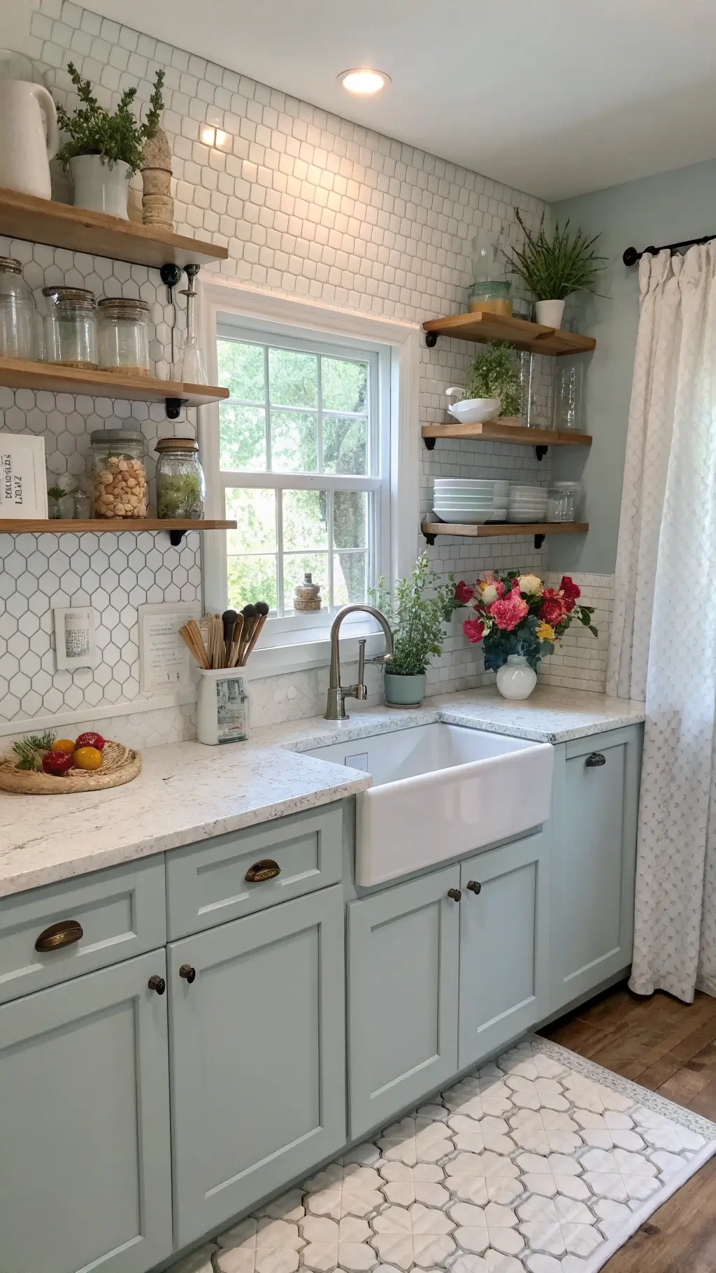 Cozy cottage kitchen with blue cabinets, white penny tile backsplash, open shelves with vintage pottery, and fresh flowers in mason jars