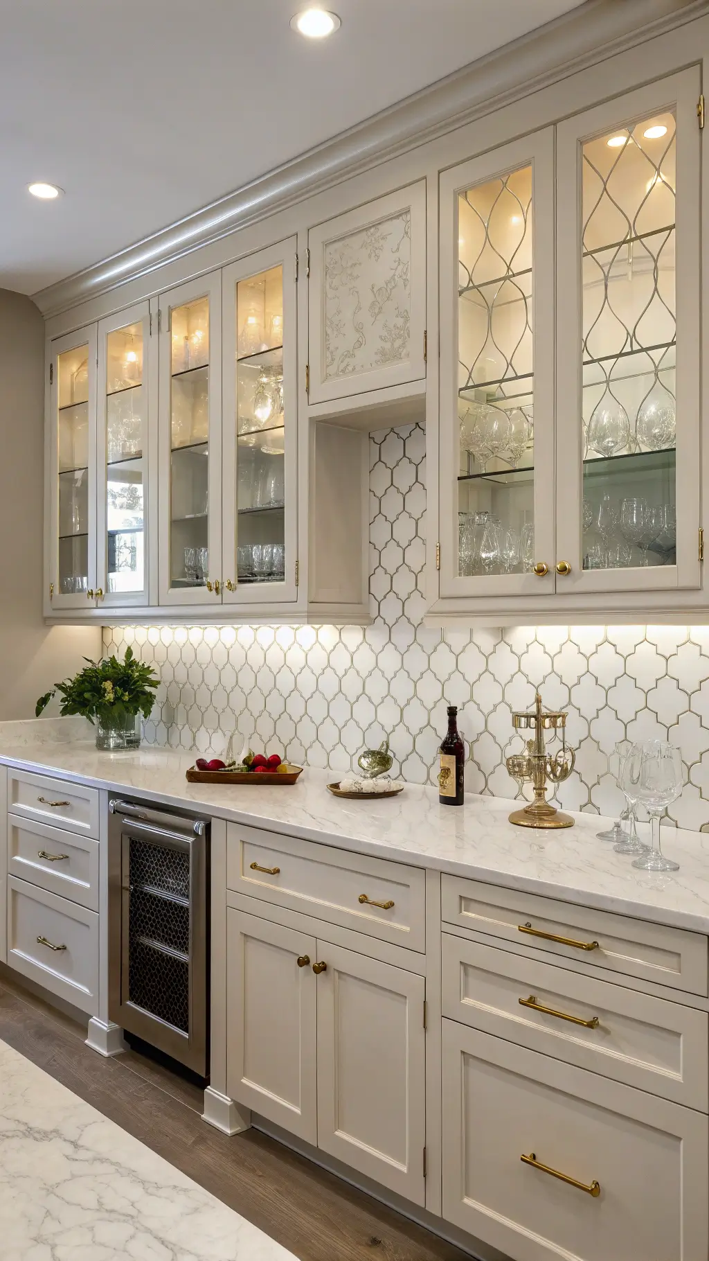 Midday lit transitional 11x14ft kitchen with greige cabinets, white arabesque tile backsplash, white quartz counters, glass-front upper cabinets displaying crystal stemware, and mixed metal fixtures in gold and silver