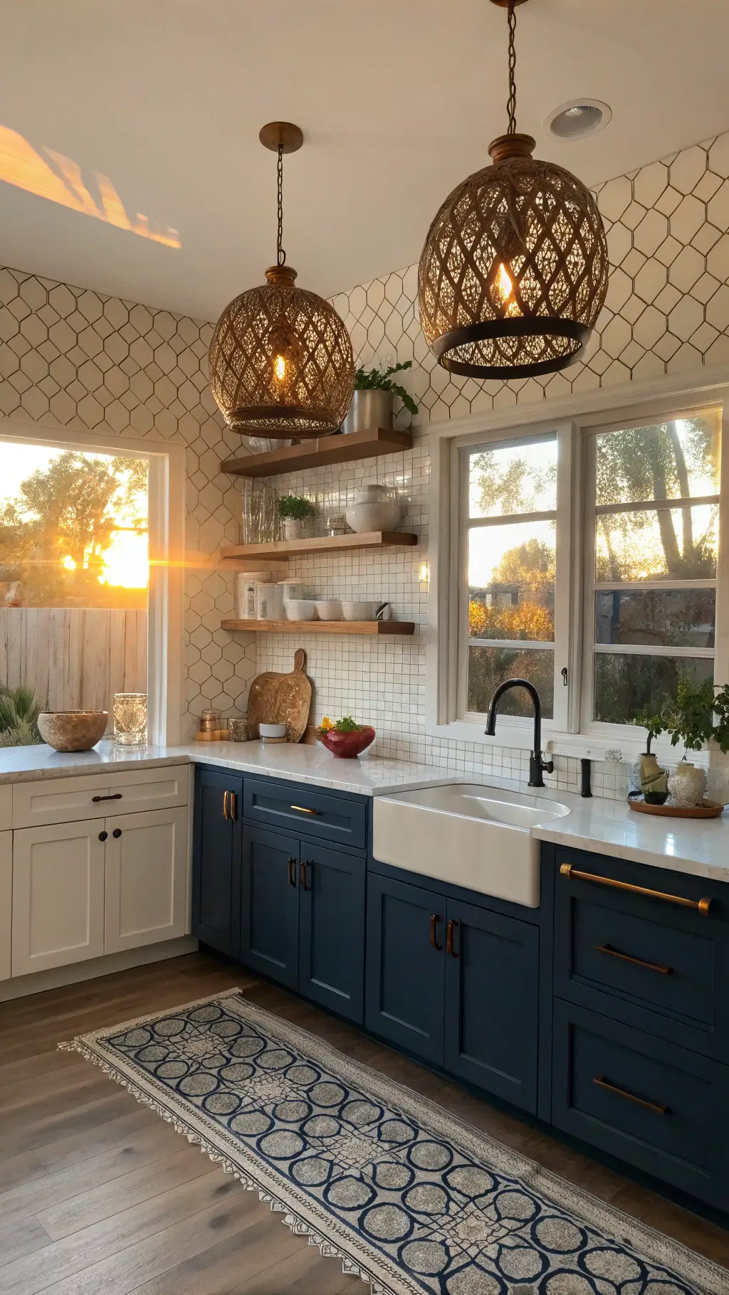 Bohemian-styled kitchen featuring white and blue cabinets, wooden shelves with artifacts, white picket tile backsplash and Moroccan pendant lights, basked in warm sunset light.