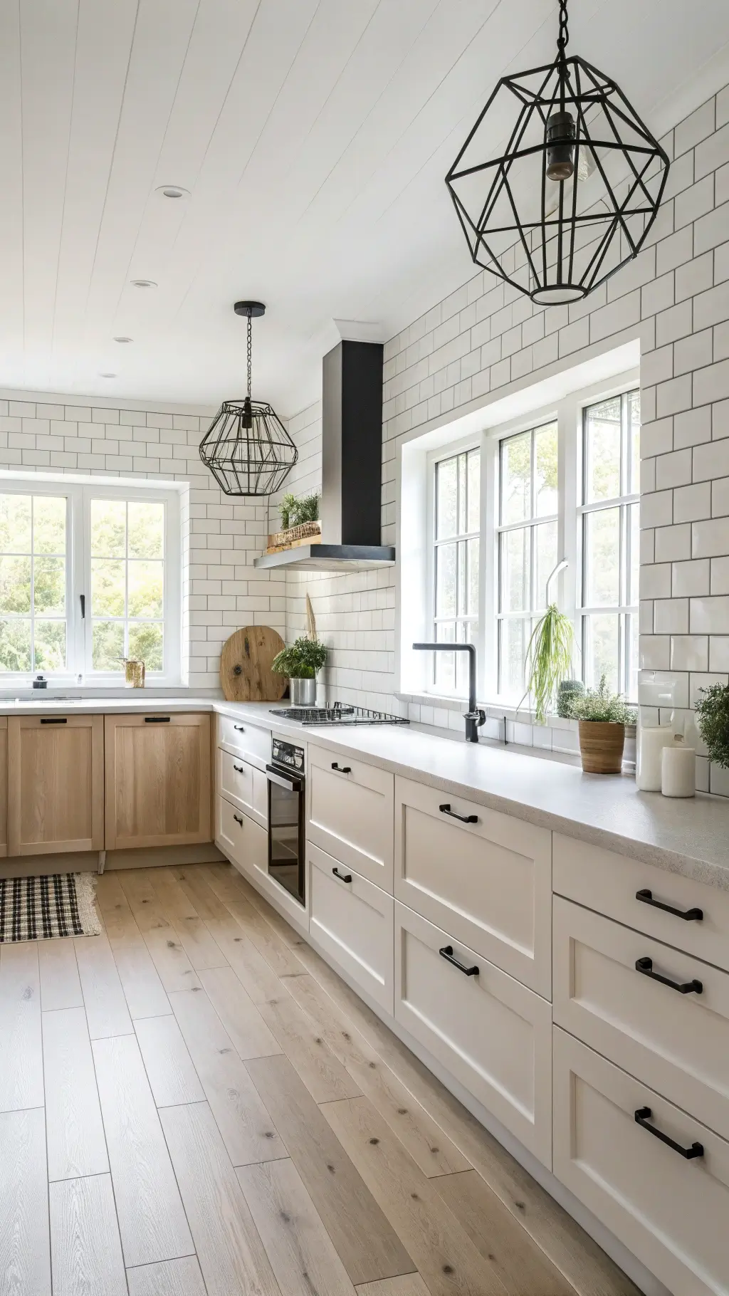 Scandinavian kitchen with white brick tile backsplash, oak cabinets, black accents and geometric pendant lights reflecting morning light on wooden floors