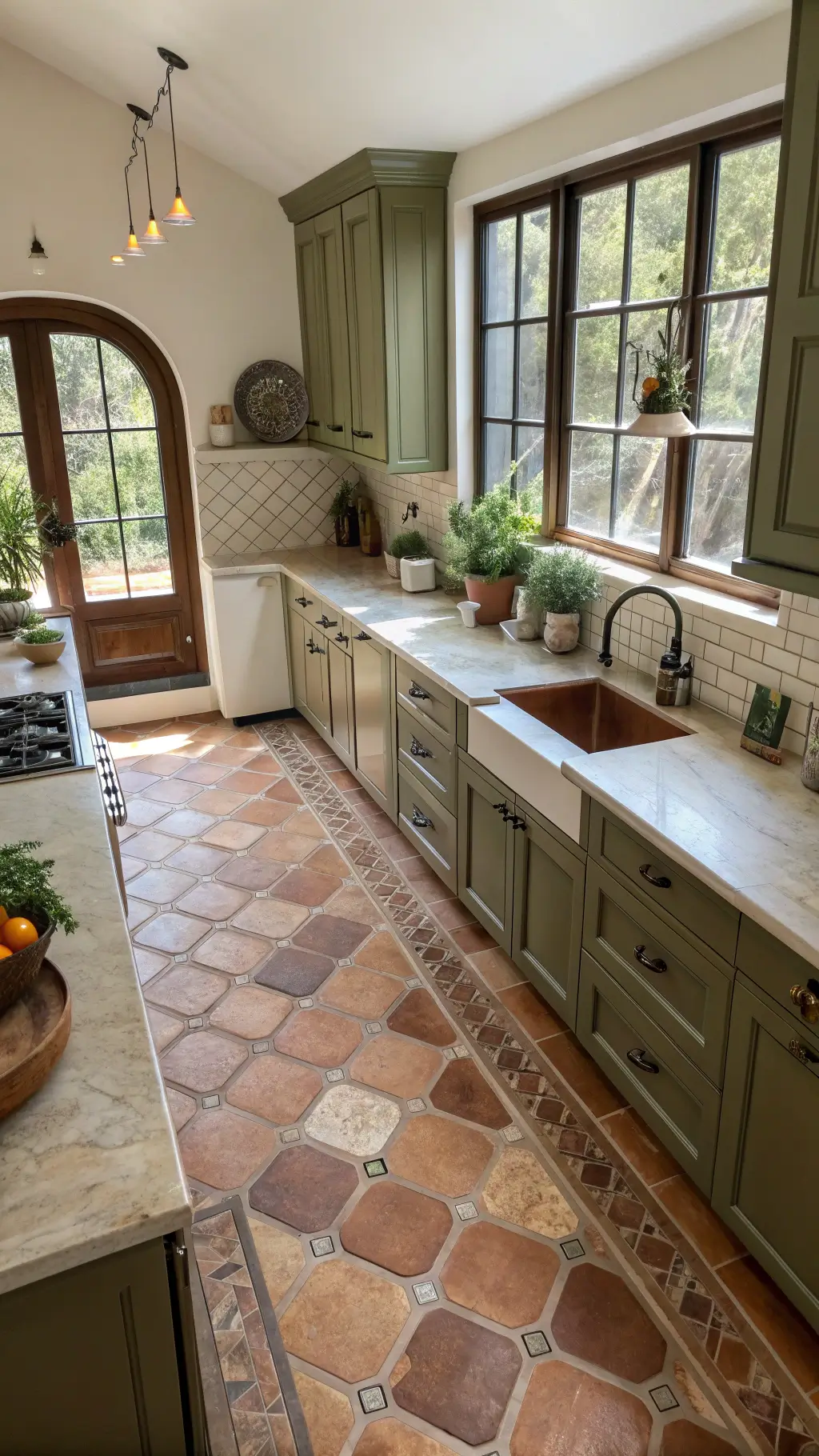 Midmorning view of an elegant 18x22ft kitchen with handmade ceramic tile backsplash in earth tones, olive green cabinets with unlacquered brass hardware, limestone counters with fossil details, and potted herbs on the windowsill, lit by natural light.