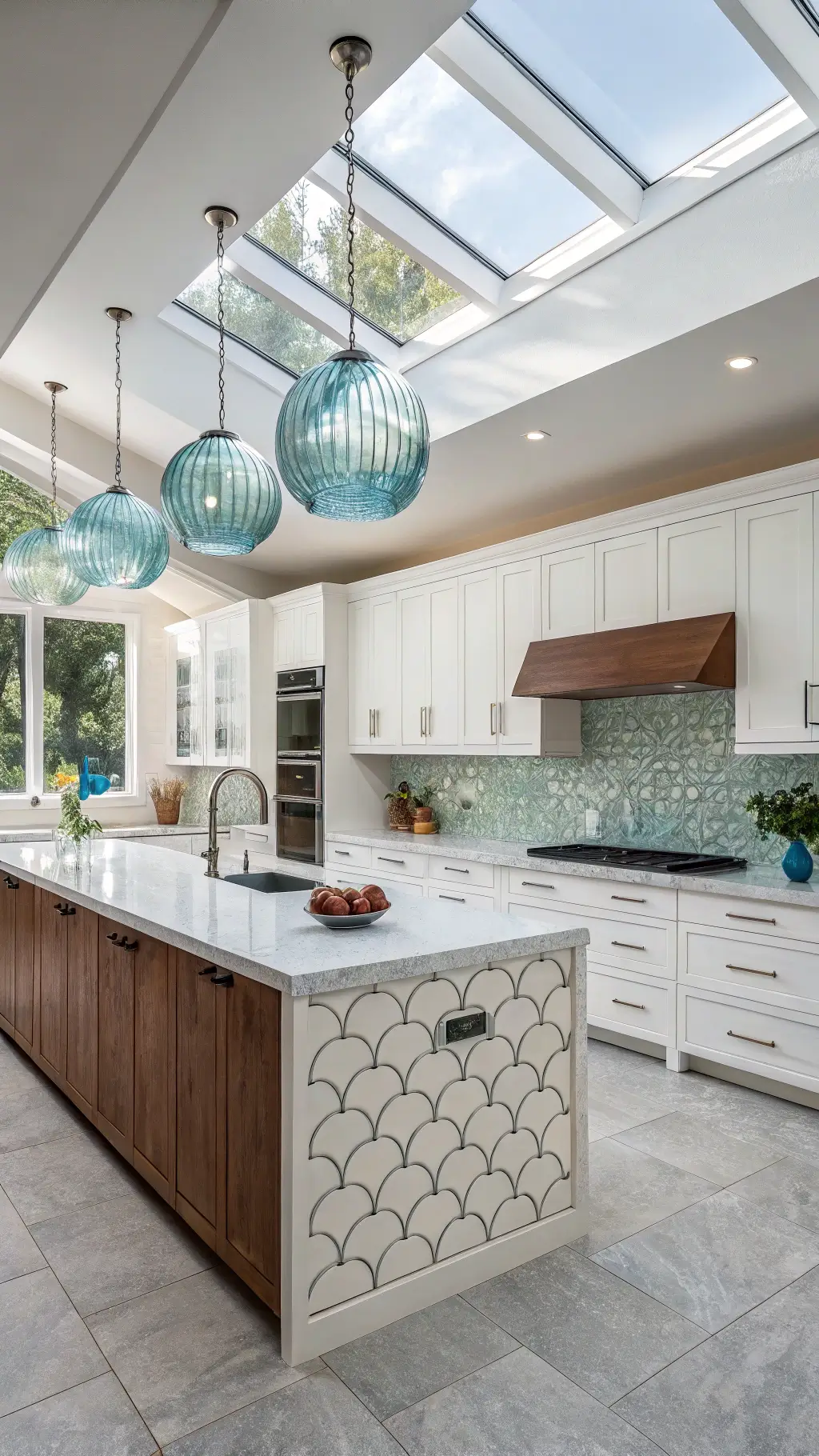 Contemporary coastal fusion kitchen with skylight, abstract wave patterned mother-of-pearl tiles backsplash, walnut island, white cabinetry, and blown glass pendant lights.