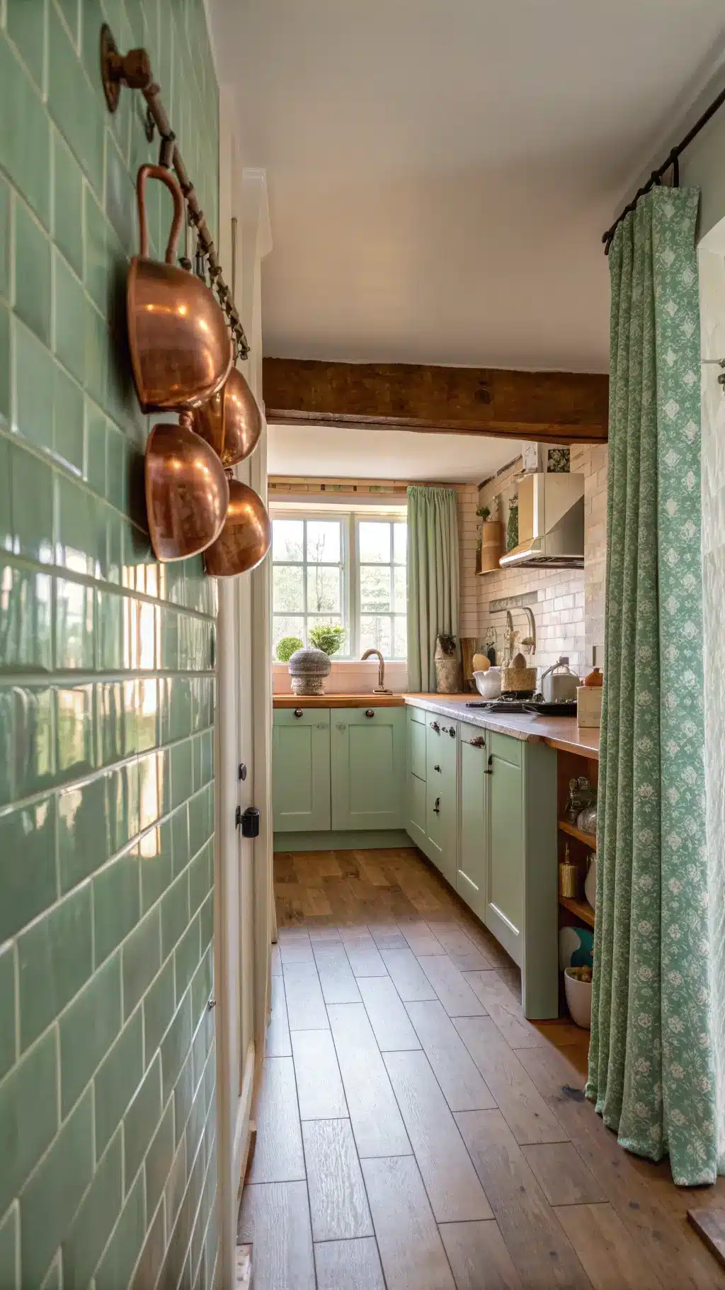 Cozy farmhouse kitchen with mint green tiles, warm golden hour lighting, oak floors, butcher block counters, cream cabinets, and hanging copper pots.