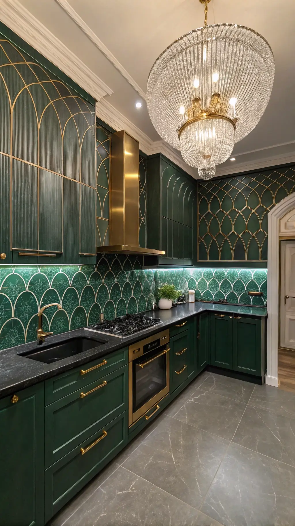 Art Deco-inspired kitchen featuring forest green geometric tiles in fan pattern, black marble counters, brushed gold hardware, and a crystal chandelier under theatrical lighting.