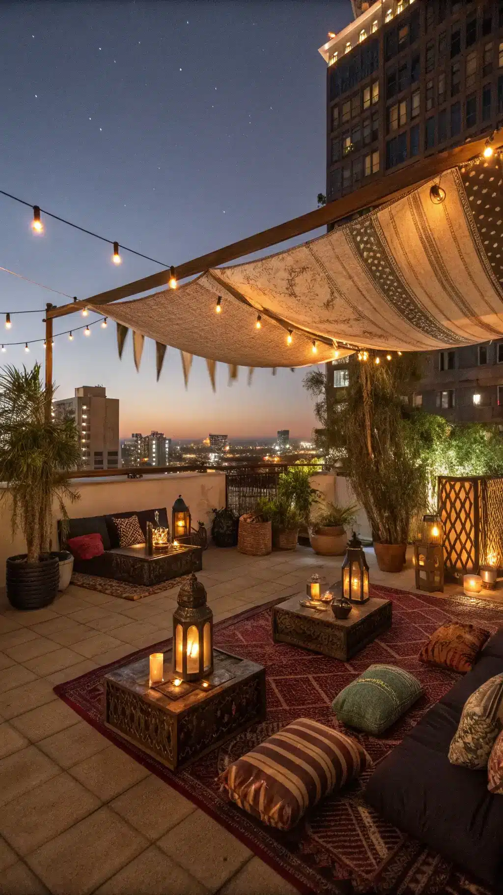 Moroccan themed rooftop patio with low tables, floor cushions, oversized lanterns, prayer flags, macramé installations, copper wind chimes, and rich textiles, under starlit sky overlooking city lights.