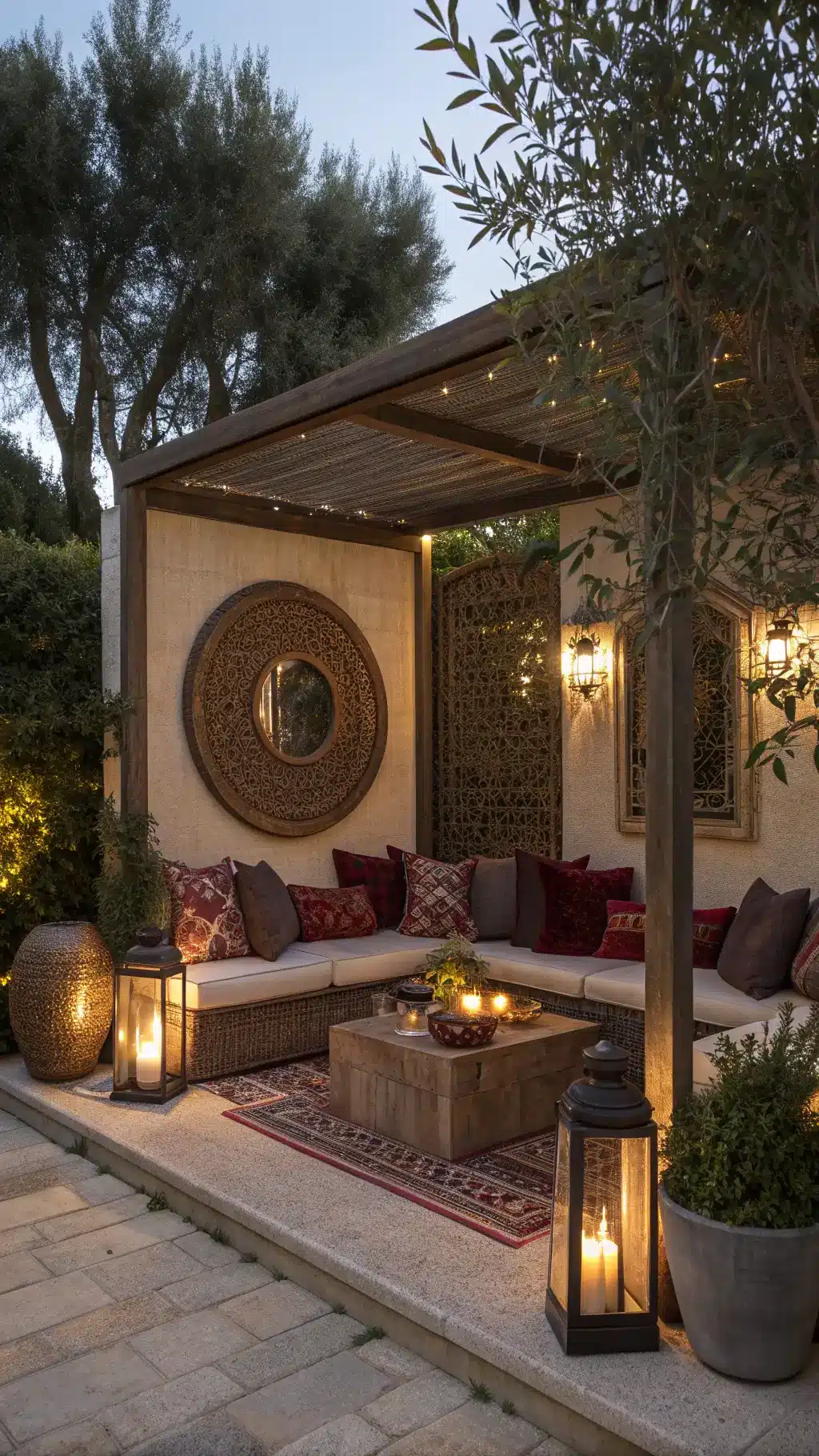 Moody patio alcove at dusk with oversized pillows, low marble table, handwoven wall hangings, carved mirror, olive trees, and intimate lighting from brass lanterns.