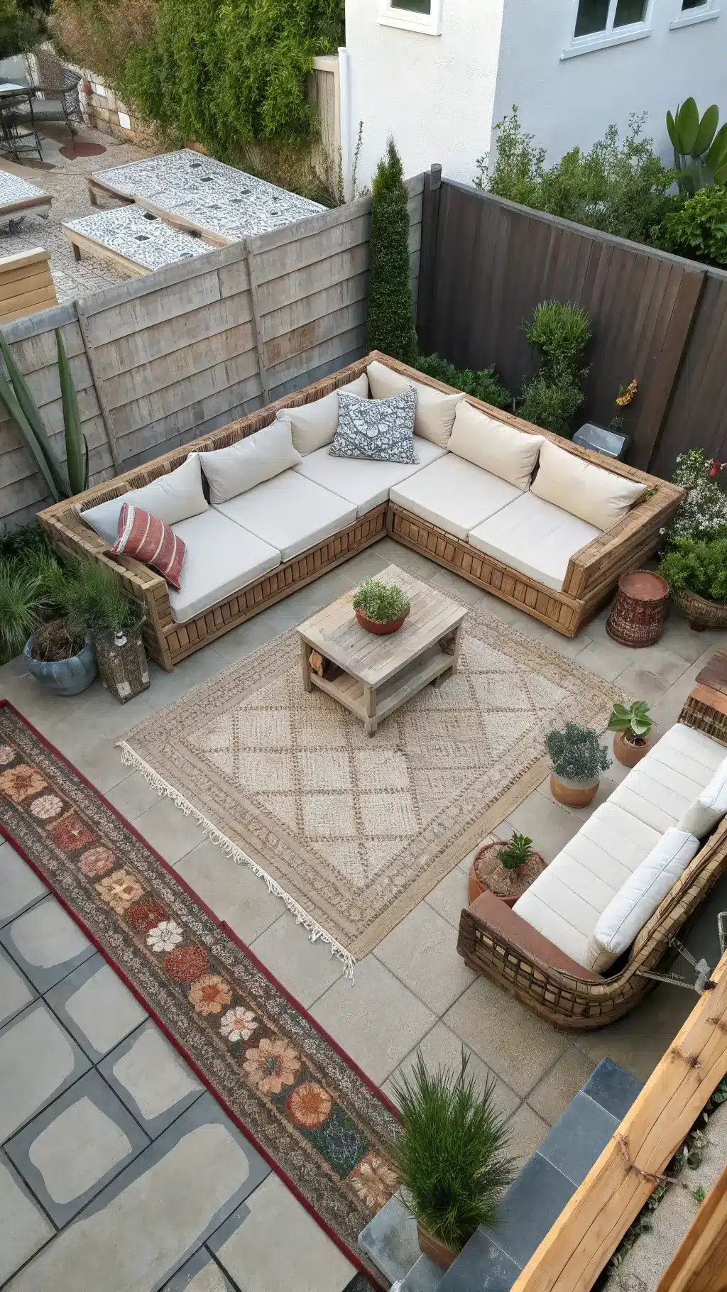 Overhead shot of a 20x20ft patio at midmorning with a central conversation pit, vintage rugs, pottery with air plants and succulents, and mixed rattan and reclaimed wood furniture.